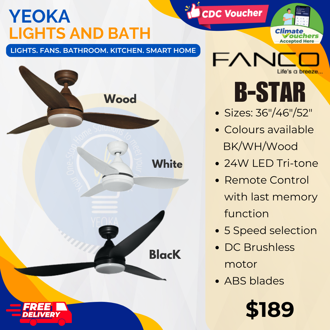 FANCO Ceiling Fan B-STAR DC Motor (36"/46"/52') with 3 Tone LED Light Kit