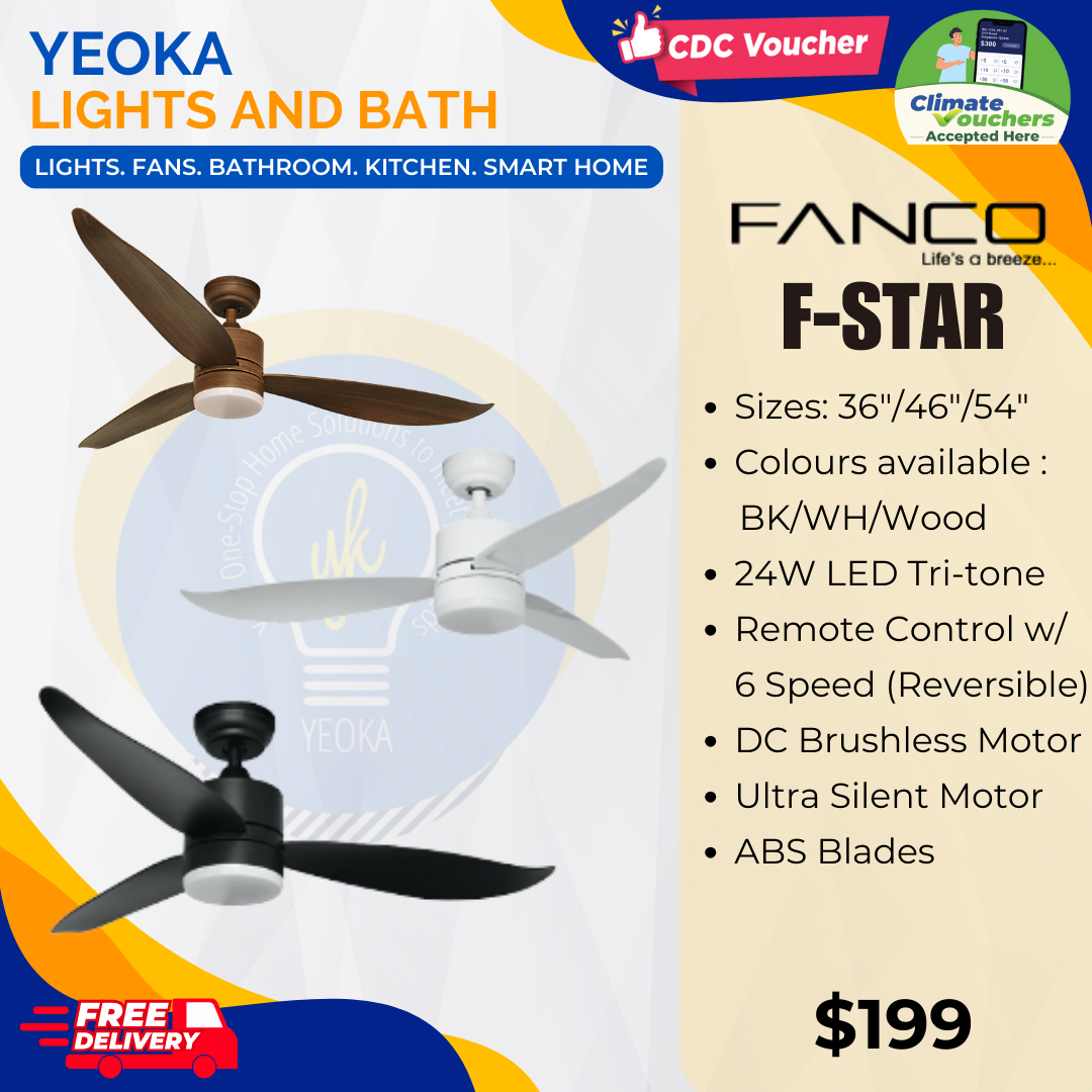 FANCO Ceiling Fan F-STAR DC Motor (36"/46"/52') with 3 Tone LED Light Kit