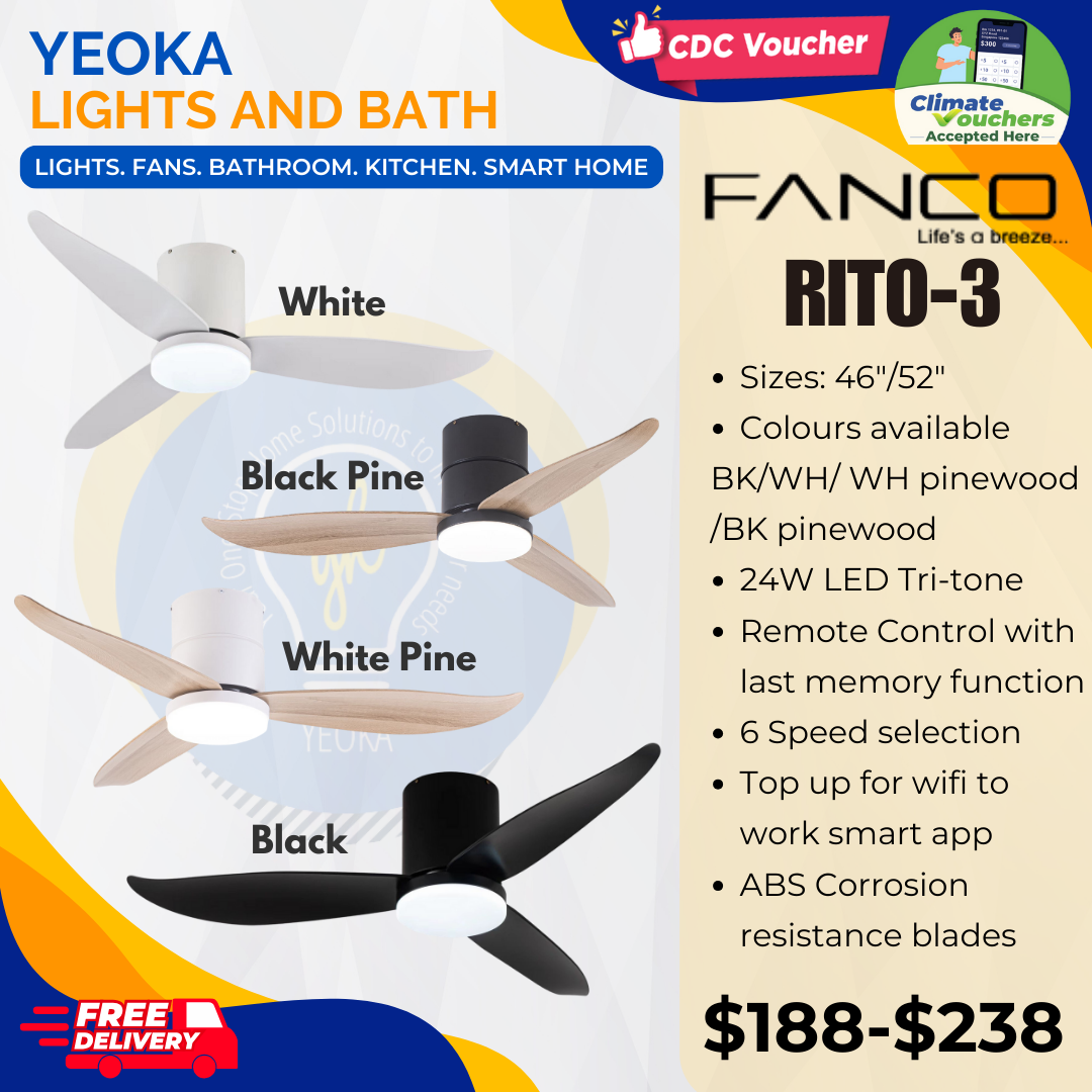 FANCO Ceiling Fan RITO 3 DC Motor (46"/52') with 3 Tone LED Light Kit + SMART WIFI Control (Optional)