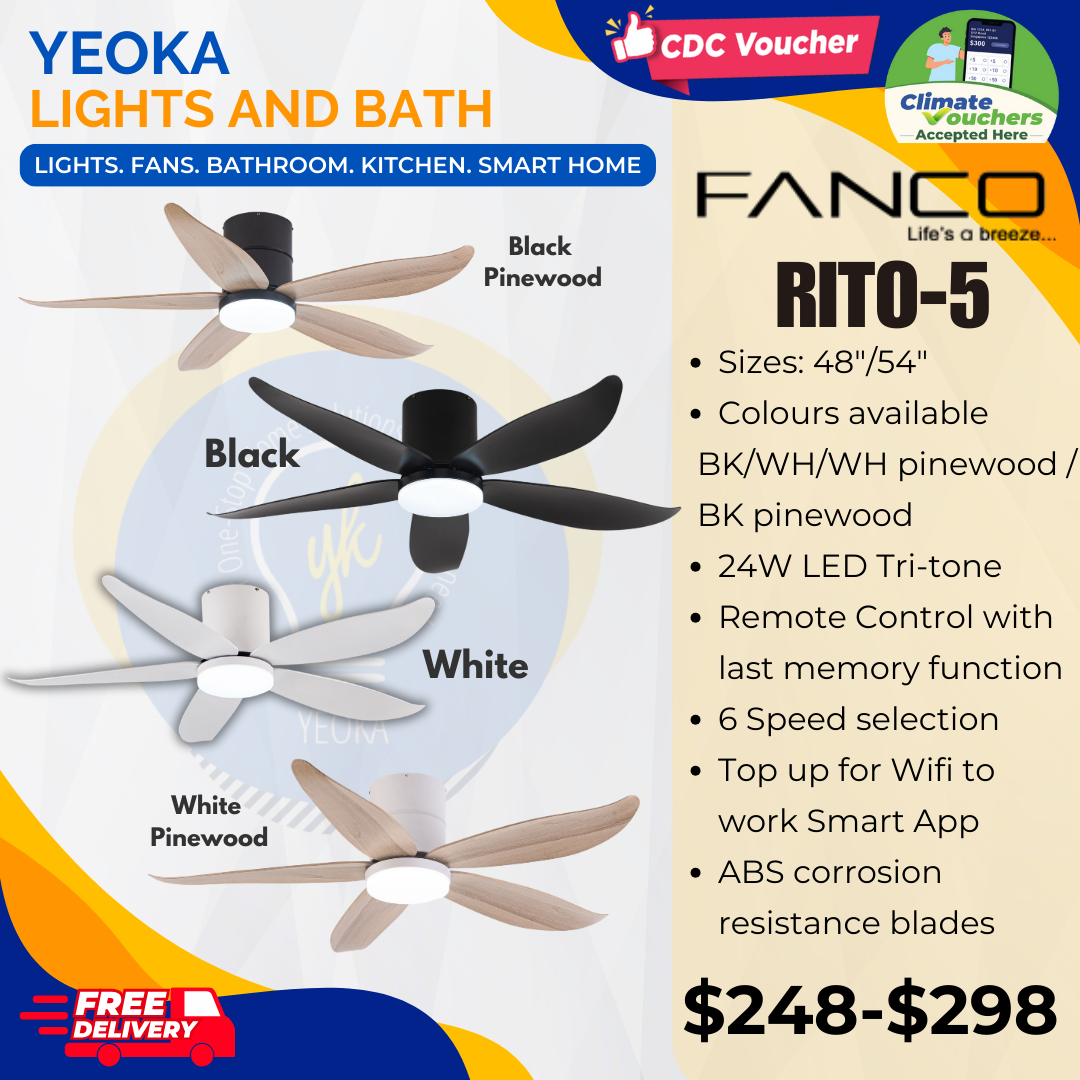 FANCO Ceiling Fan RITO 5 DC Motor (48"/54') with 3 Tone LED Light Kit + SMART WIFI Control (Optional)