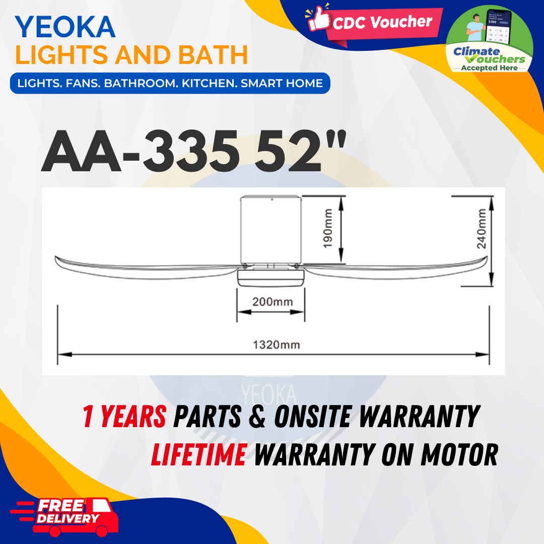 AEROAIR Ceiling Fan AA-335 DC Motor | (35"/46"/52') with 3 Tone LED Light Kit + Remote Control