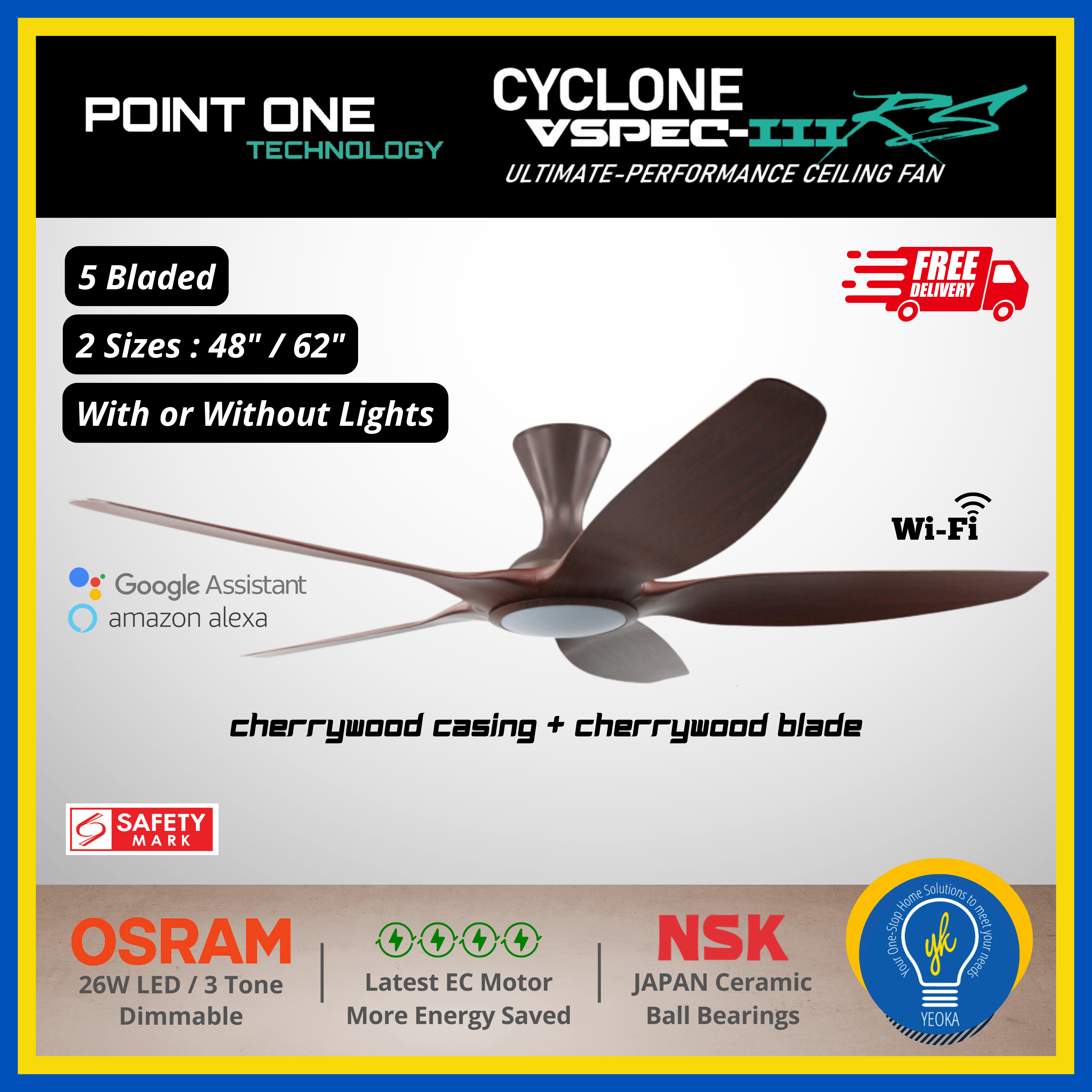 Point One Technology Cyclone VSPEC-lll RS 5 Blades (48"/62") SMART Ceiling Fan