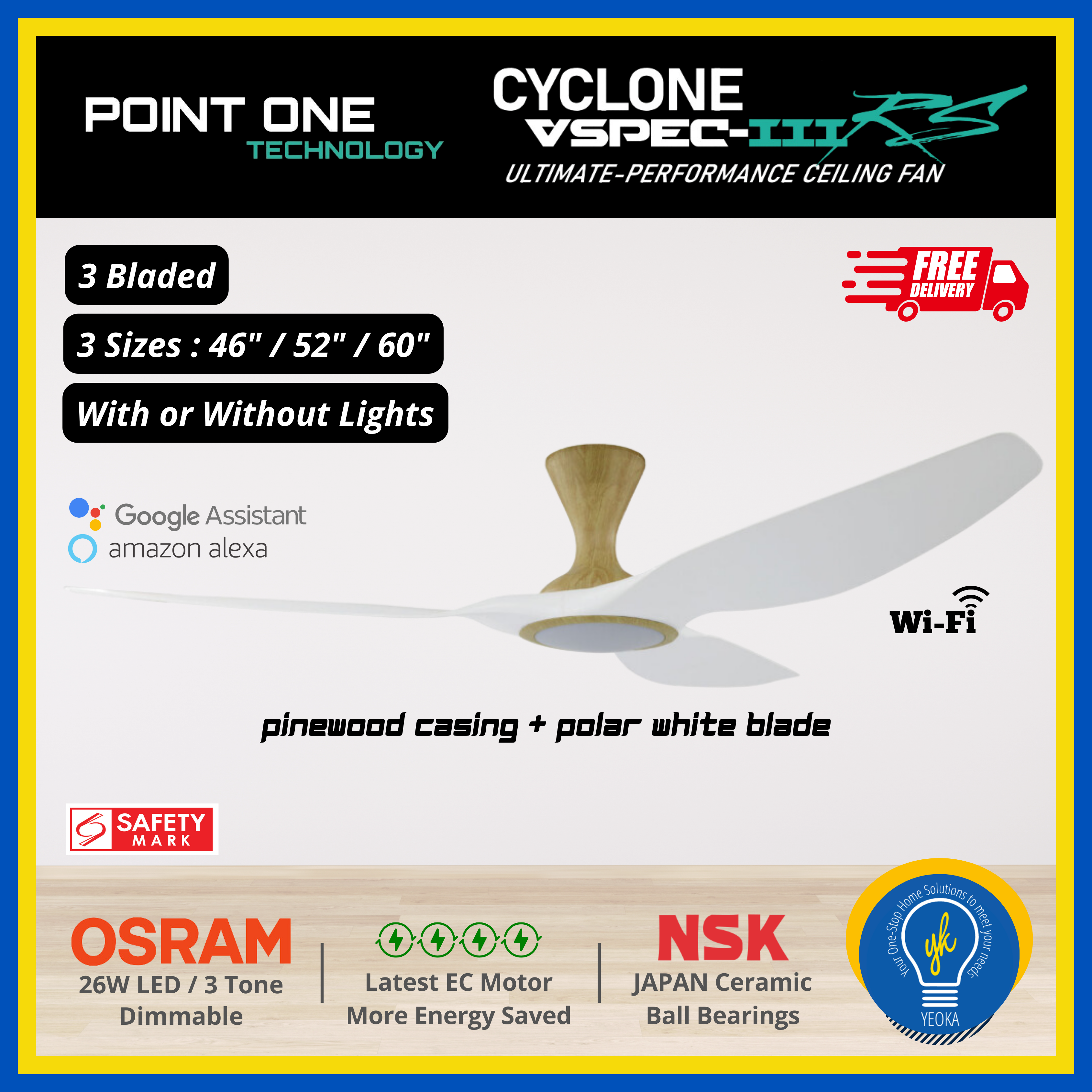Point One Technology Cyclone VSPEC-lll RS 3 Blades (46"/52"/60") SMART Ceiling Fan