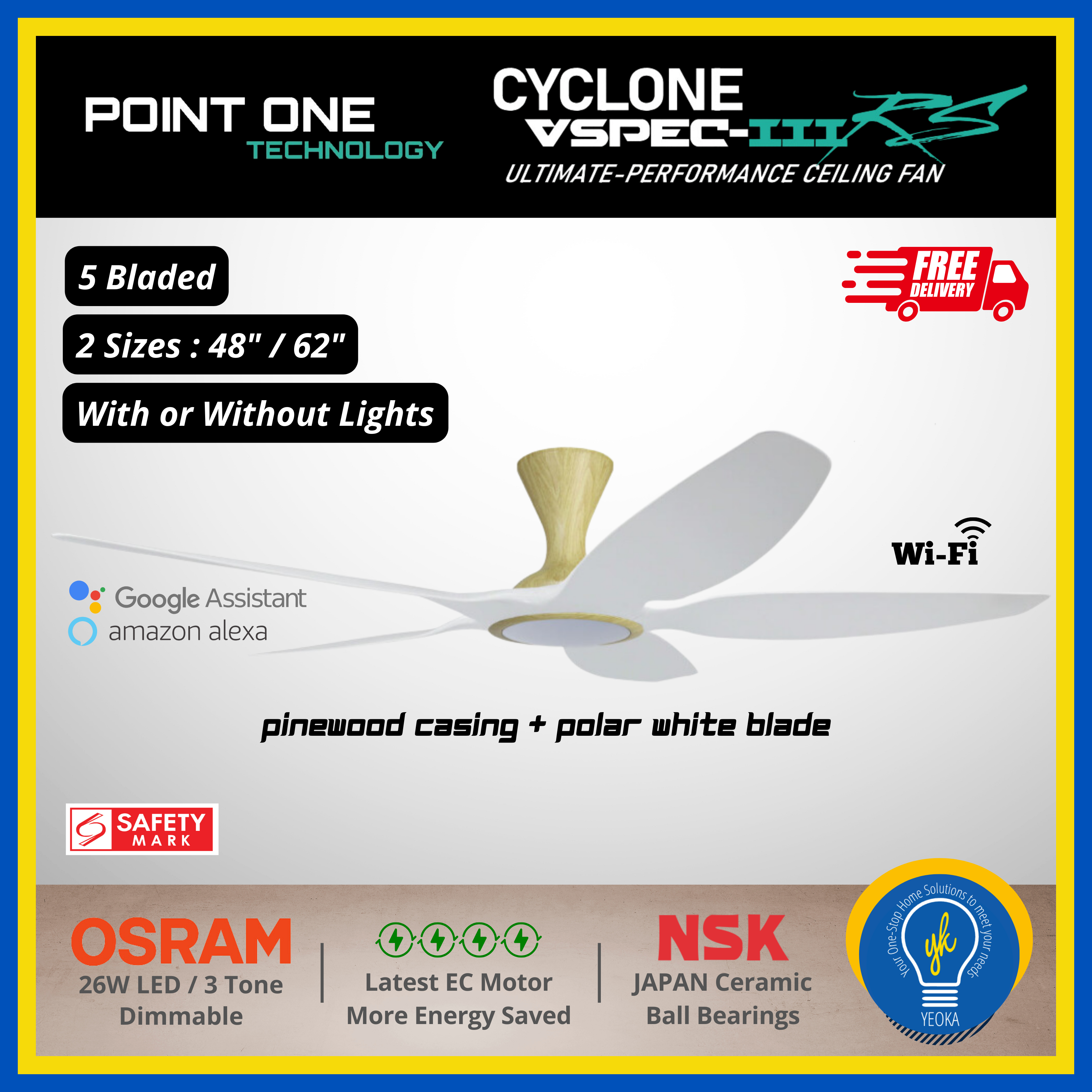 Point One Technology Cyclone VSPEC-lll RS 5 Blades (48"/62") SMART Ceiling Fan