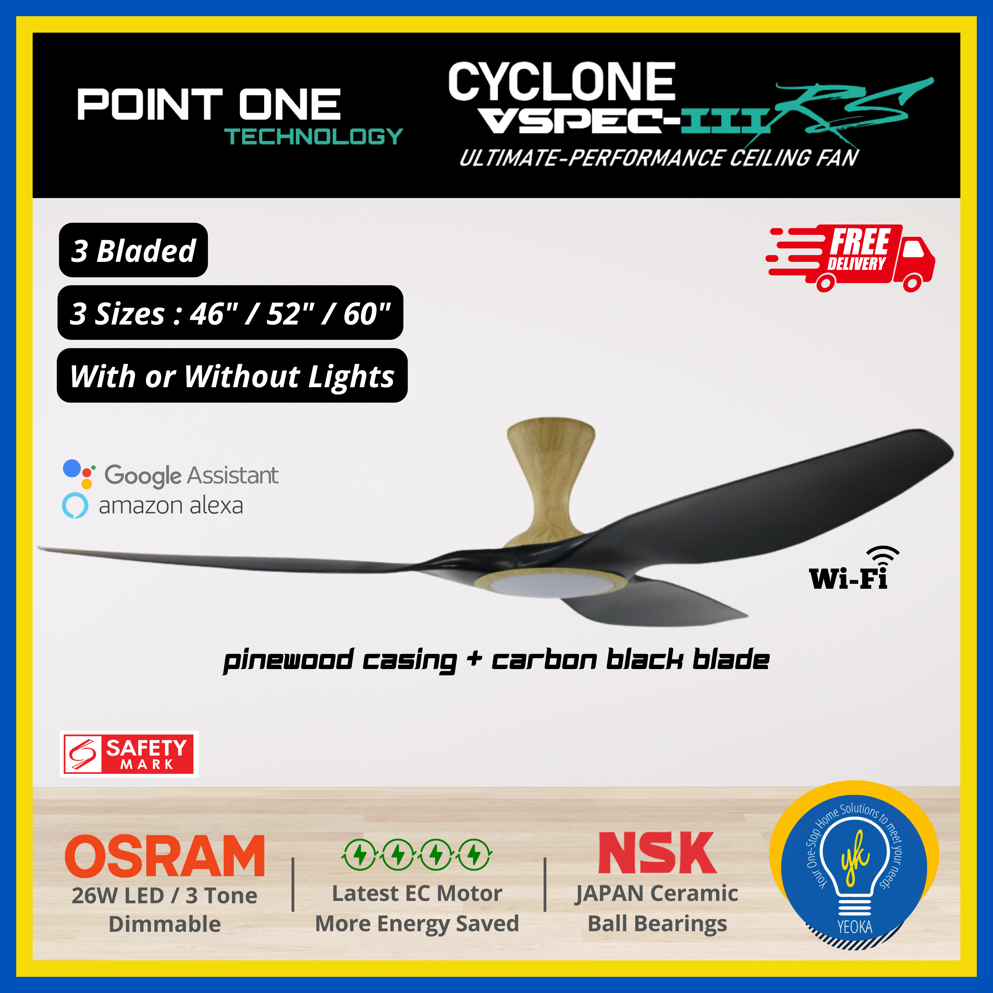 Point One Technology Cyclone VSPEC-lll RS 3 Blades (46"/52"/60") SMART Ceiling Fan