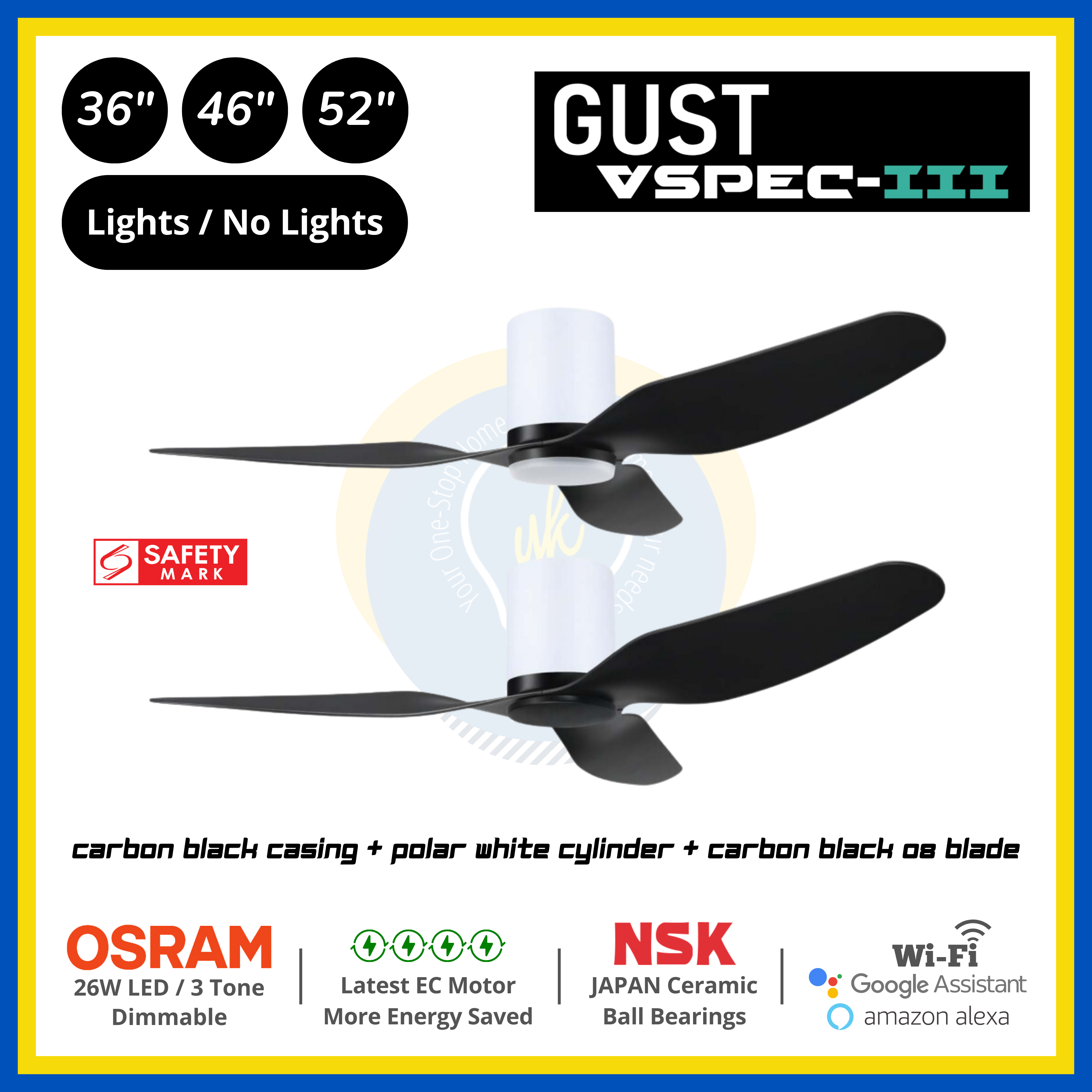PO Eco Gust VSPEC-III 3 Blades (36"/46"/52") Air Foil 08 Blade Ceiling Fan