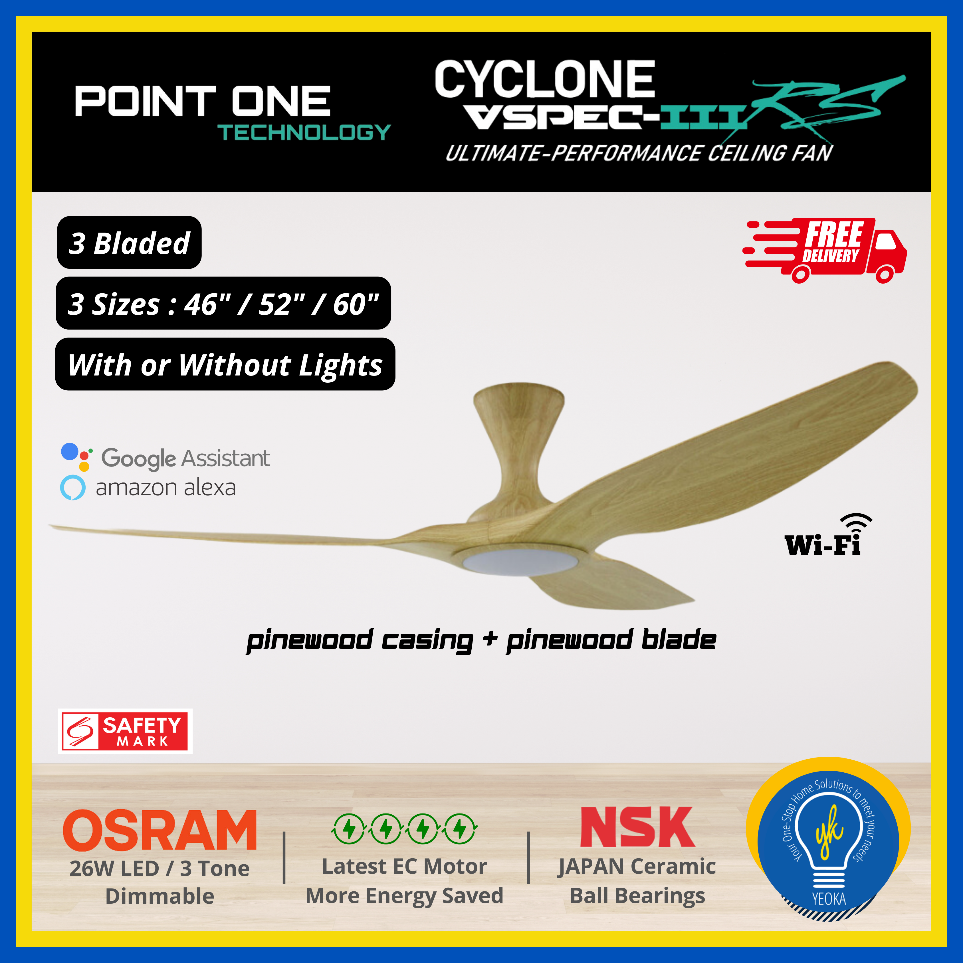 Point One Technology Cyclone VSPEC-lll RS 3 Blades (46"/52"/60") SMART Ceiling Fan