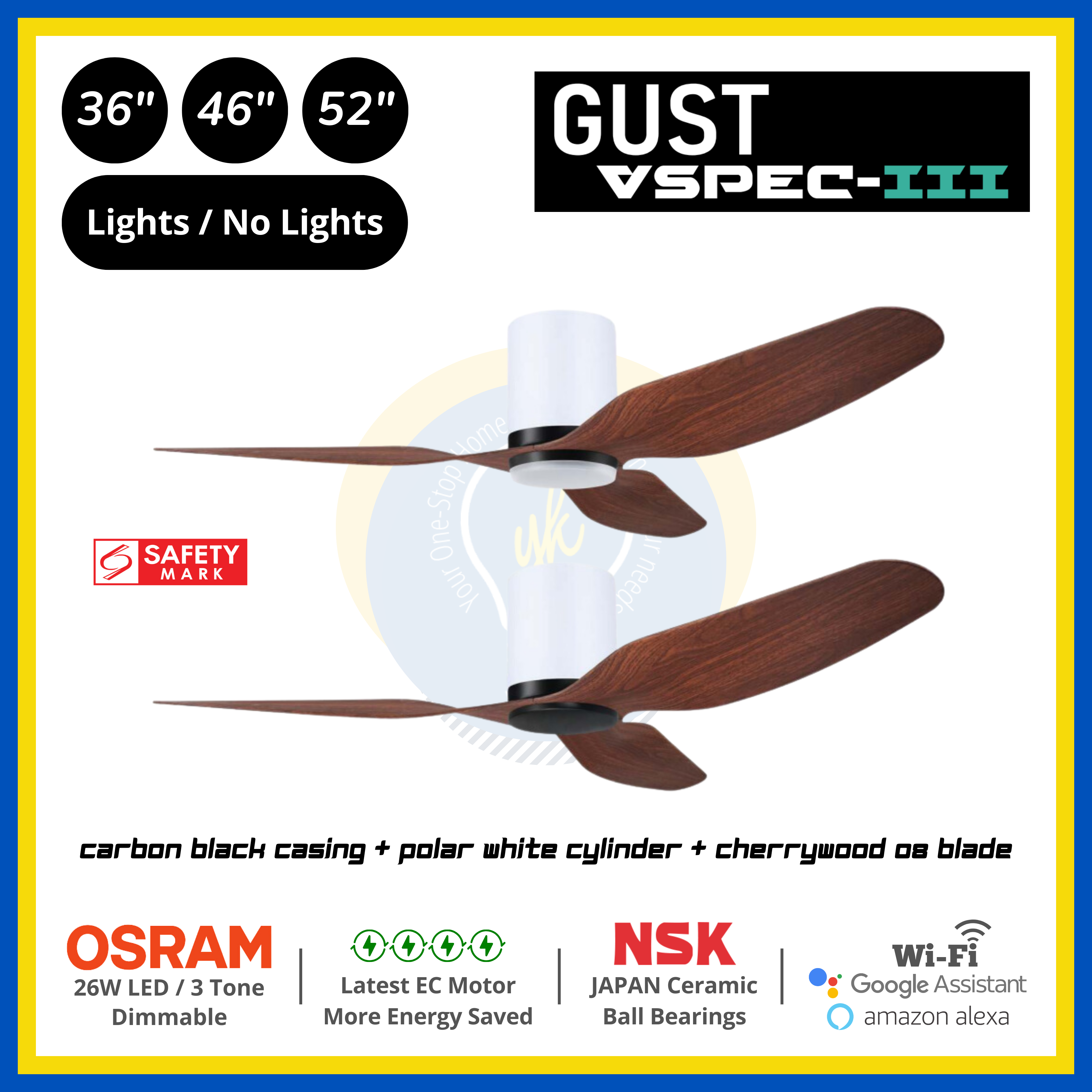 PO Eco Gust VSPEC-III 3 Blades (36"/46"/52") Air Foil 08 Blade Ceiling Fan
