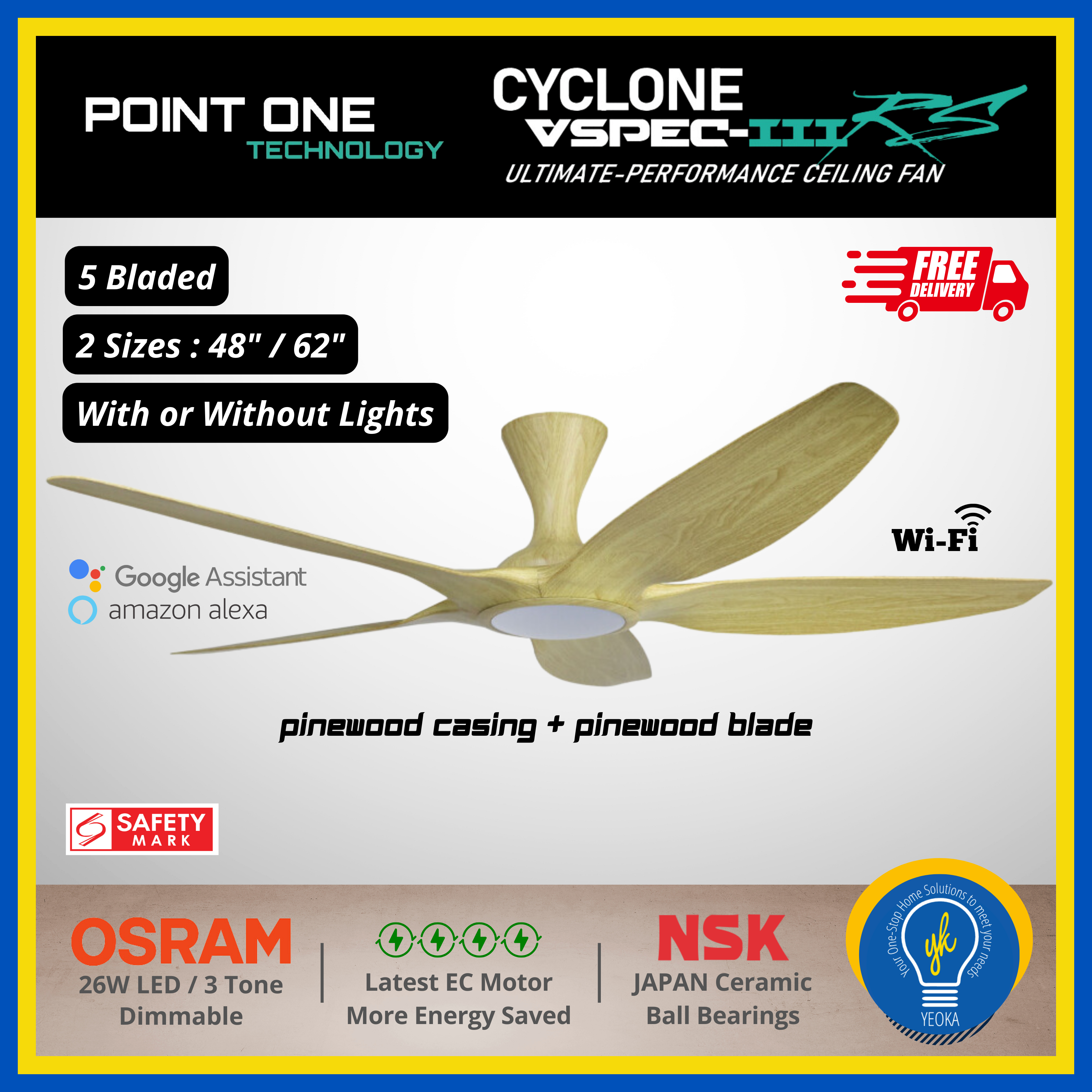 Point One Technology Cyclone VSPEC-lll RS 5 Blades (48"/62") SMART Ceiling Fan