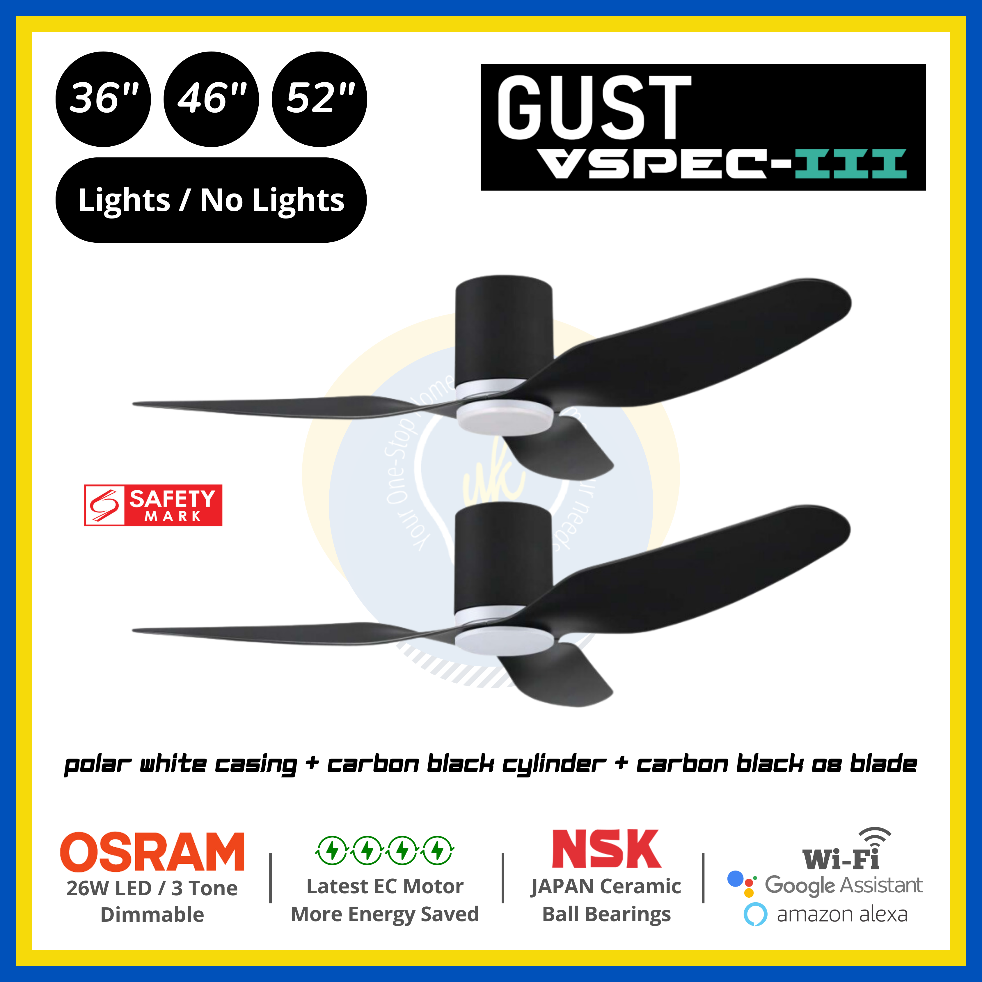 PO Eco Gust VSPEC-III 3 Blades (36"/46"/52") Air Foil 08 Blade Ceiling Fan