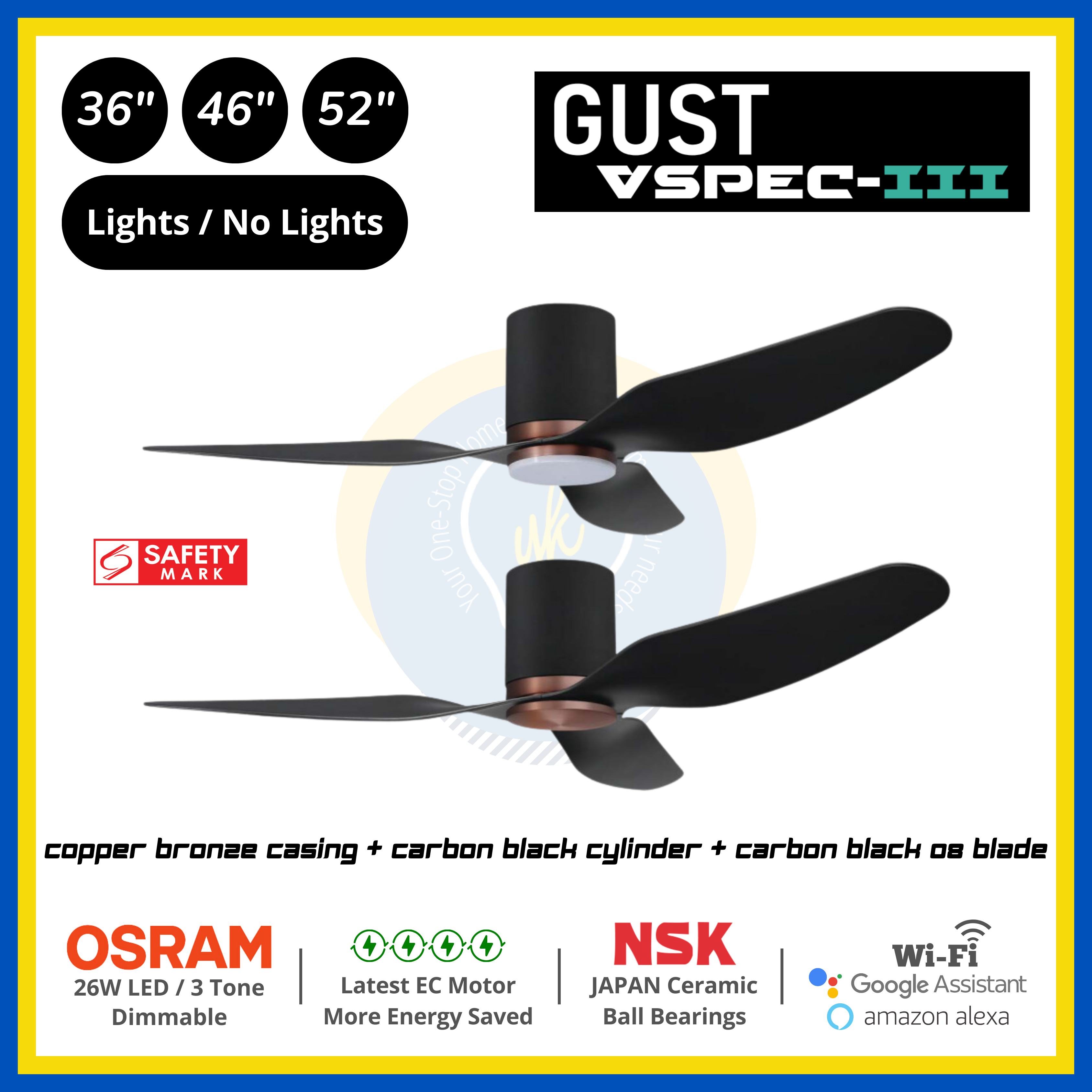 PO Eco Gust VSPEC-III 3 Blades (36"/46"/52") Air Foil 08 Blade Ceiling Fan