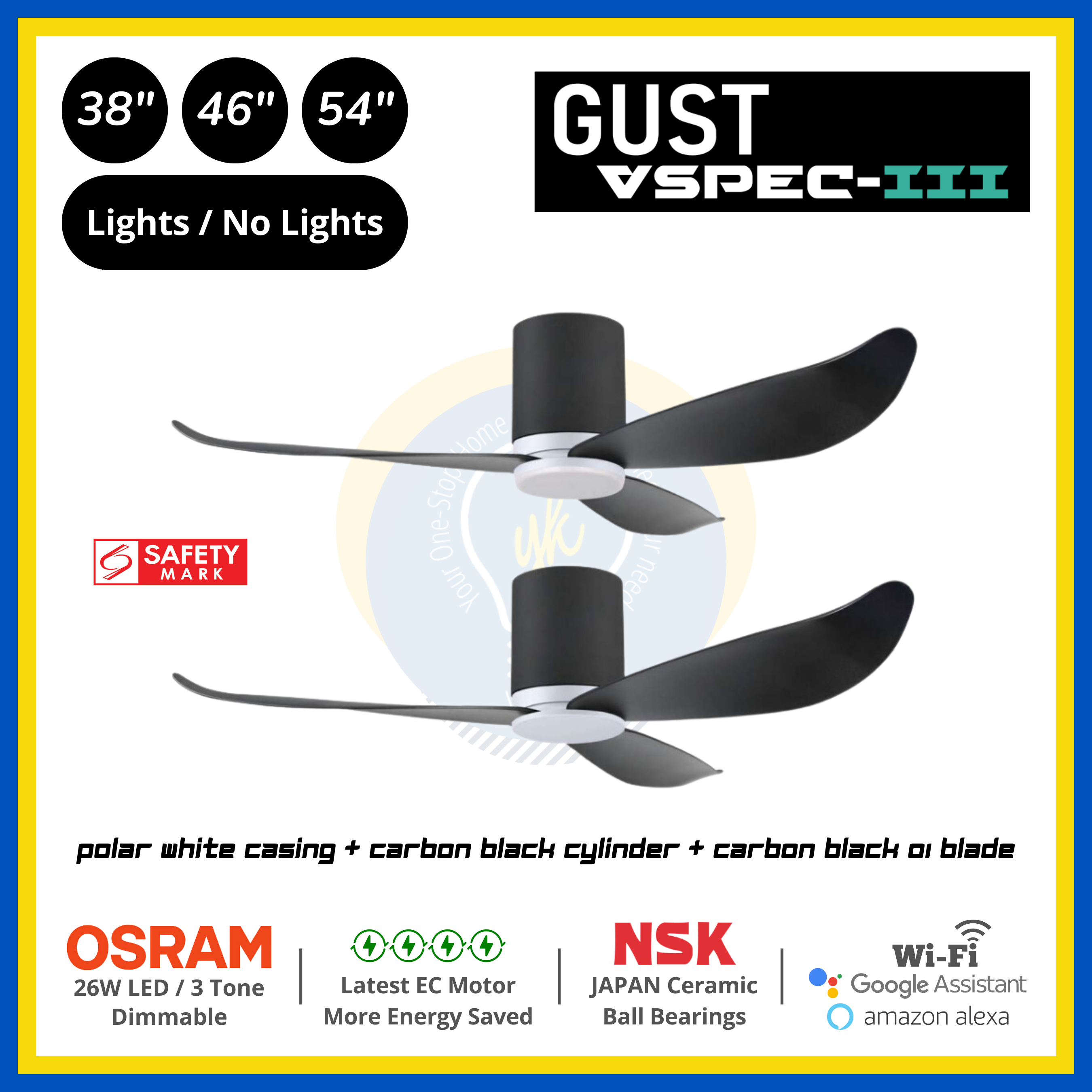 PO Eco Gust VSPEC-III 3 Blades (38"/46"/54") Air Foil 01 Blade Ceiling Fan