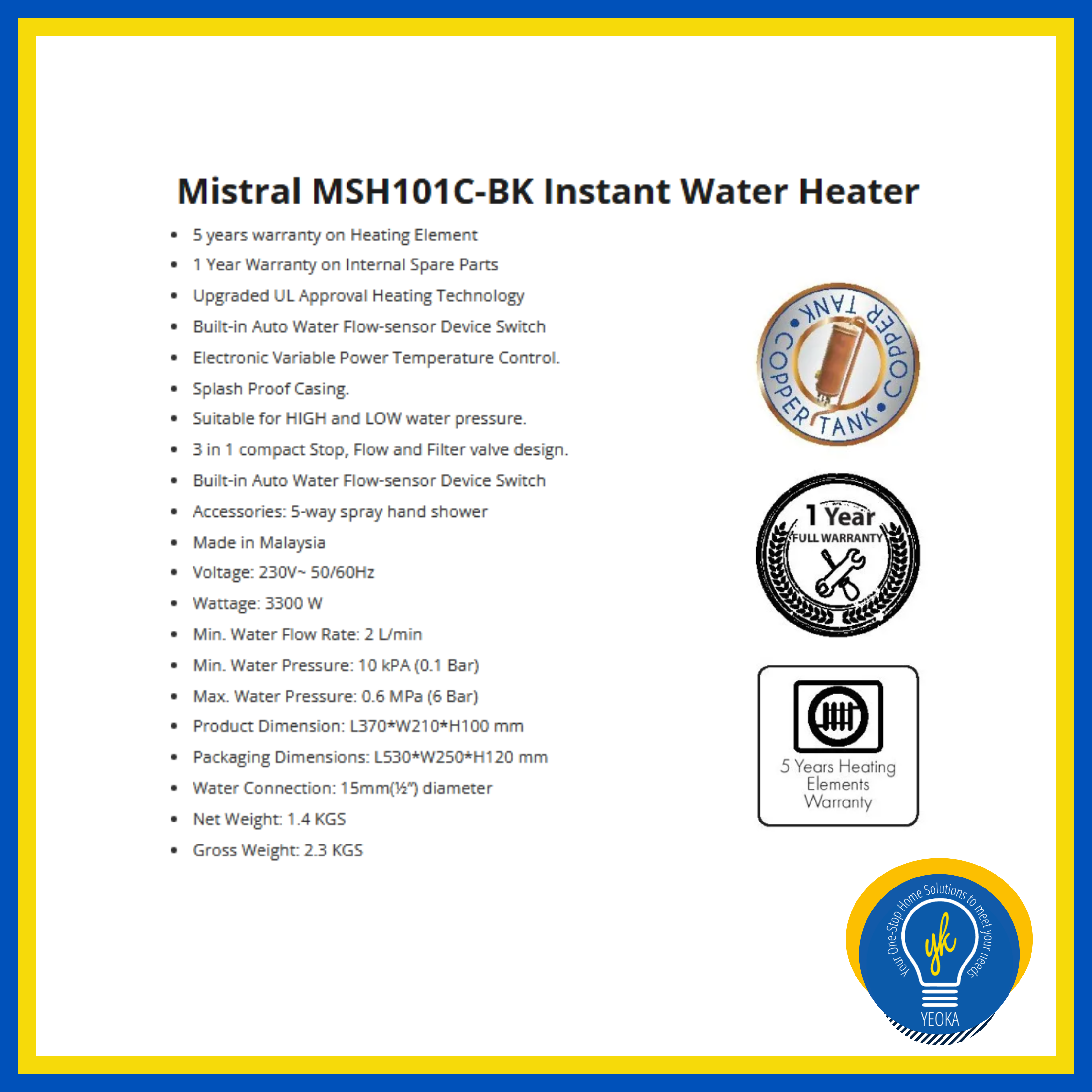 MISTRAL MSH101C Instant Shower Heater