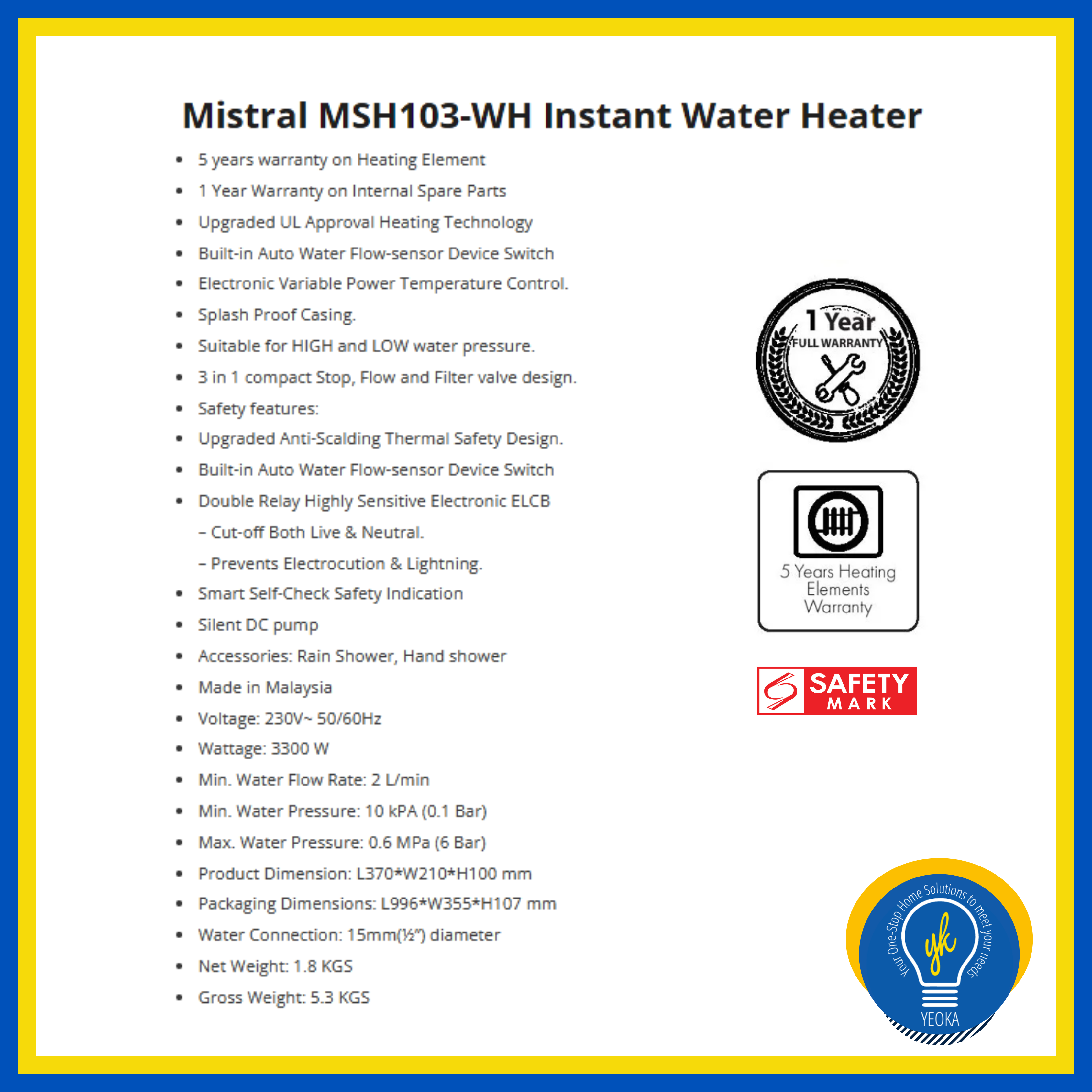 MISTRAL MSH103 Instant Shower Heater