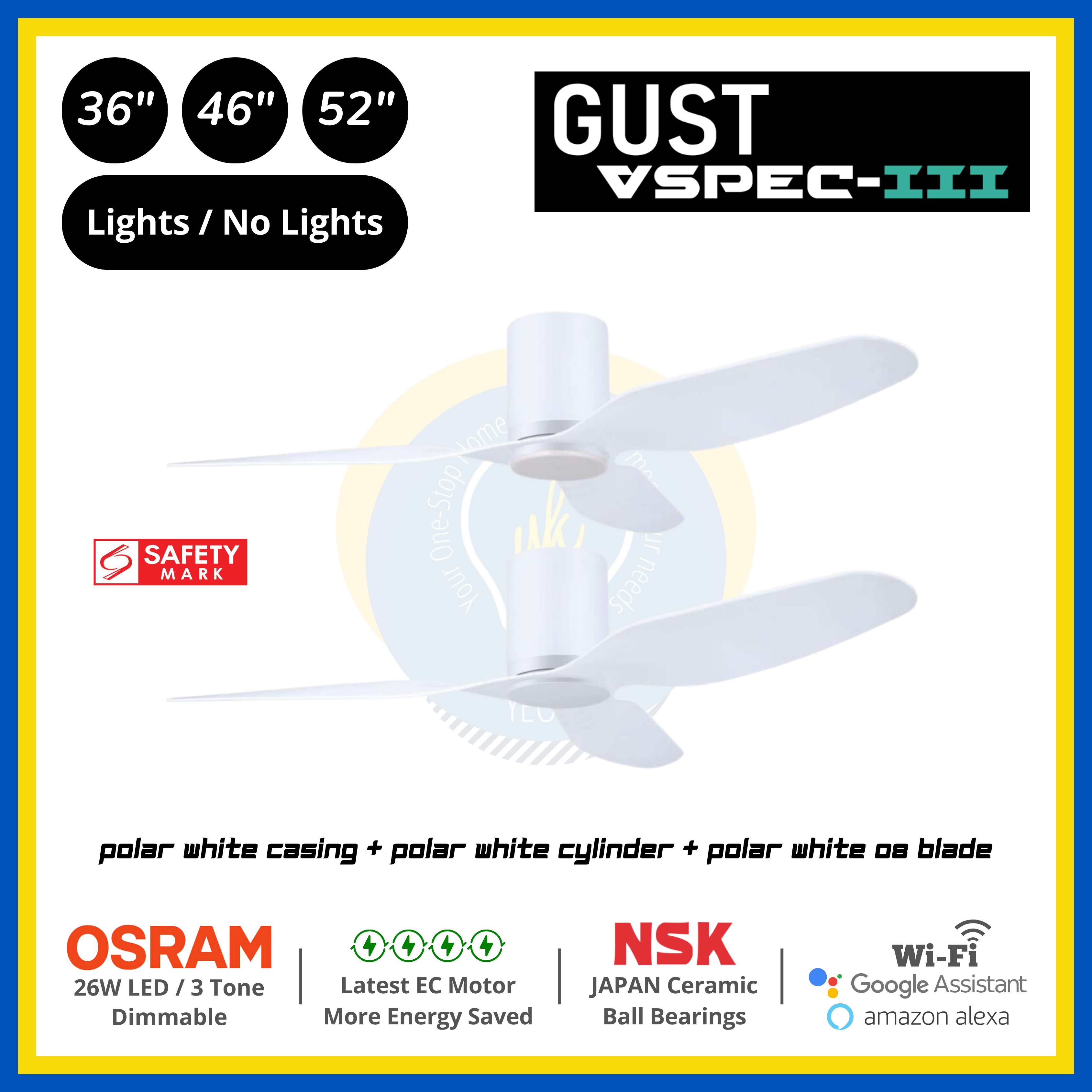 PO Eco Gust VSPEC-III 3 Blades (36"/46"/52") Air Foil 08 Blade Ceiling Fan