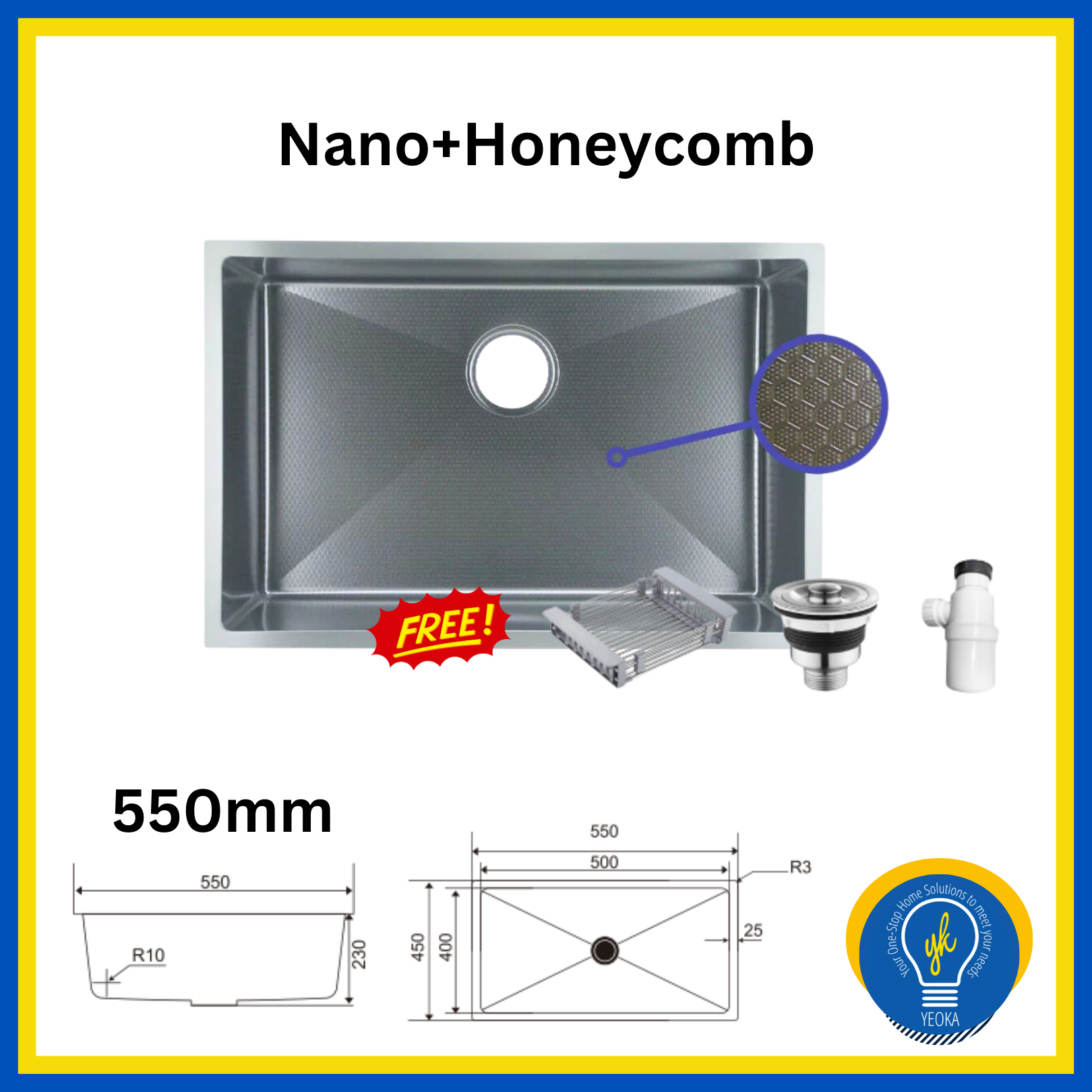 Dycorra Nano Technology Coating + Honeycomb Kitchen Sink (550mm/600mm/680mm)
