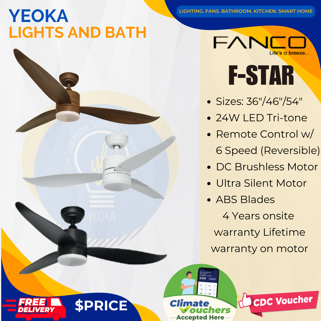 FANCO Ceiling Fan F-STAR DC Motor (36"/46"/52') with 3 Tone LED Light Kit