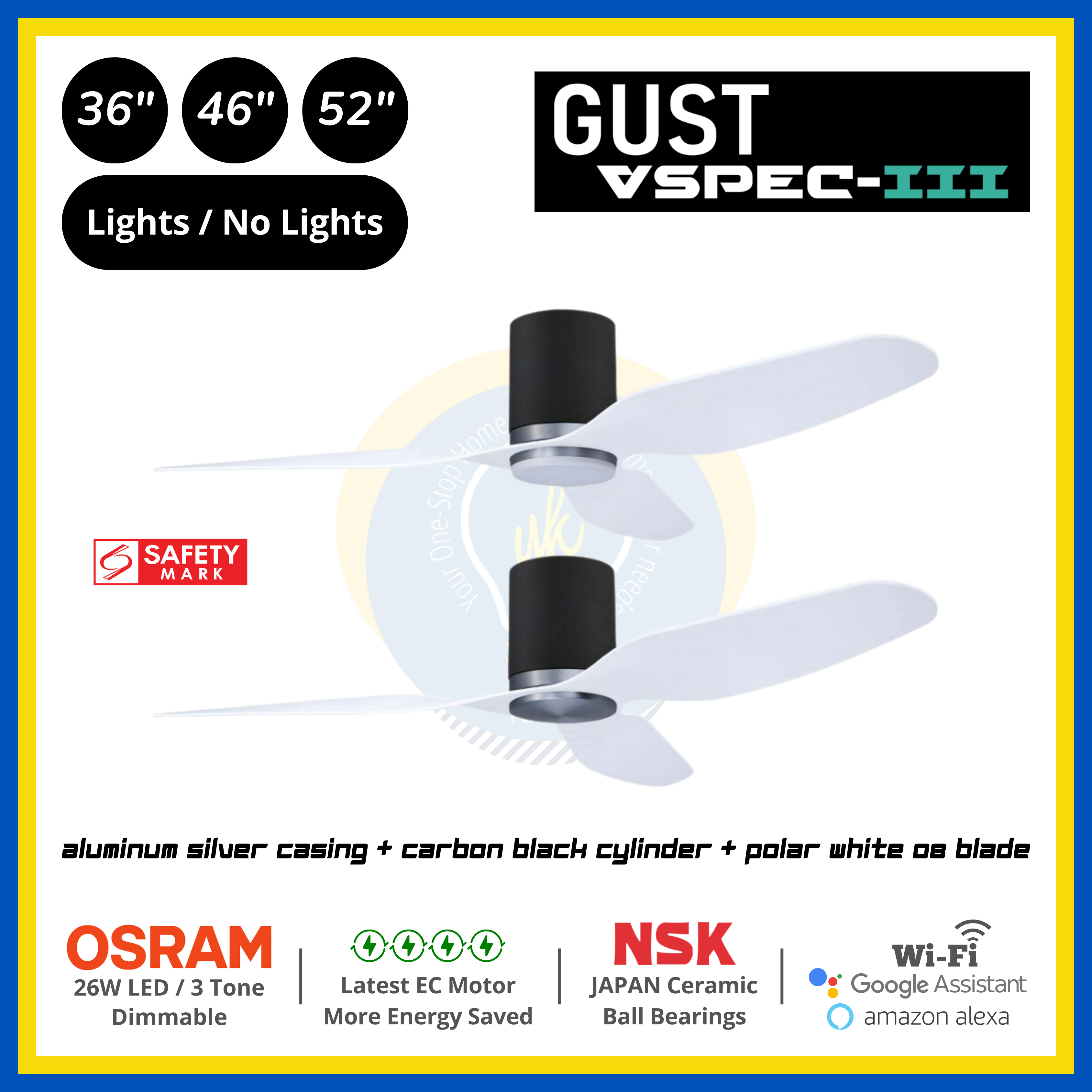PO Eco Gust VSPEC-III 3 Blades (36"/46"/52") Air Foil 08 Blade Ceiling Fan