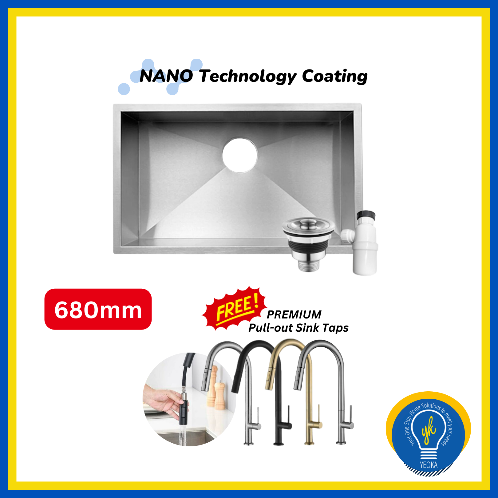 SUS304 NANO Technology Coating + Honeycomb Kitchen Sink (600mm/680mm) FOC Pull-out Sink Tap