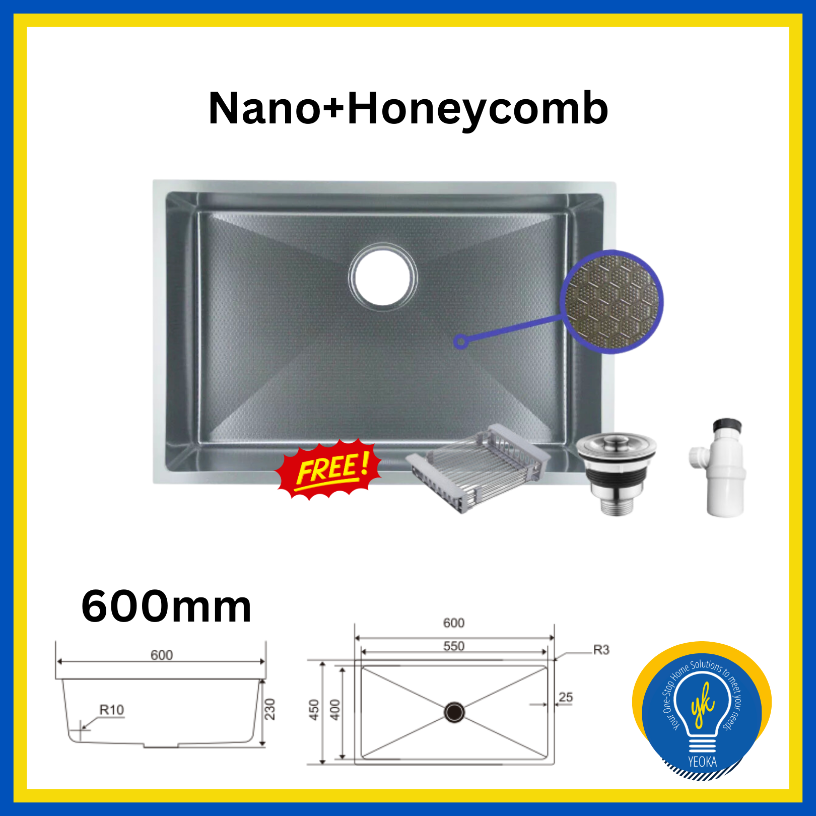 Dycorra Nano Technology Coating + Honeycomb Kitchen Sink (550mm/600mm/680mm)