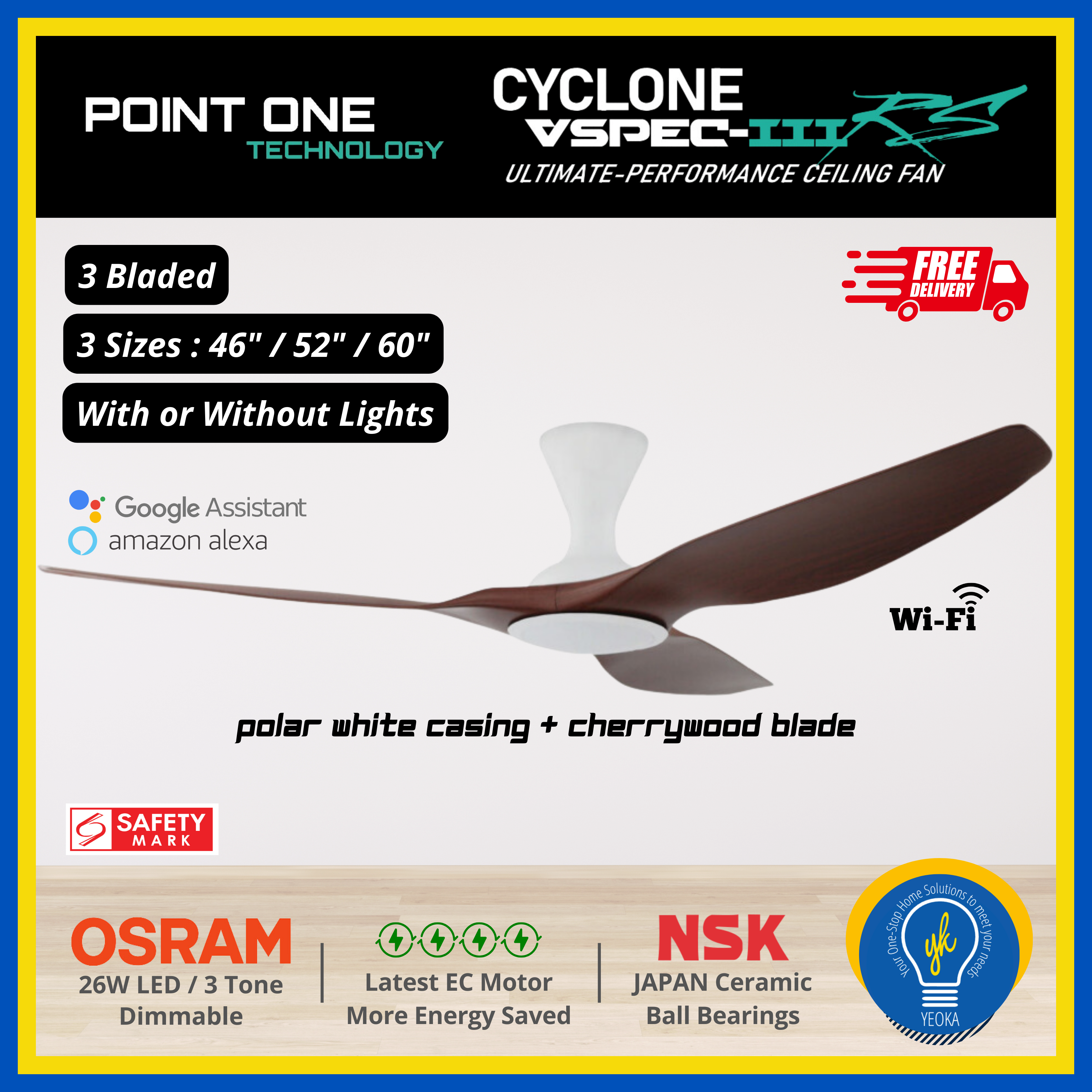 Point One Technology Cyclone VSPEC-lll RS 3 Blades (46"/52"/60") SMART Ceiling Fan