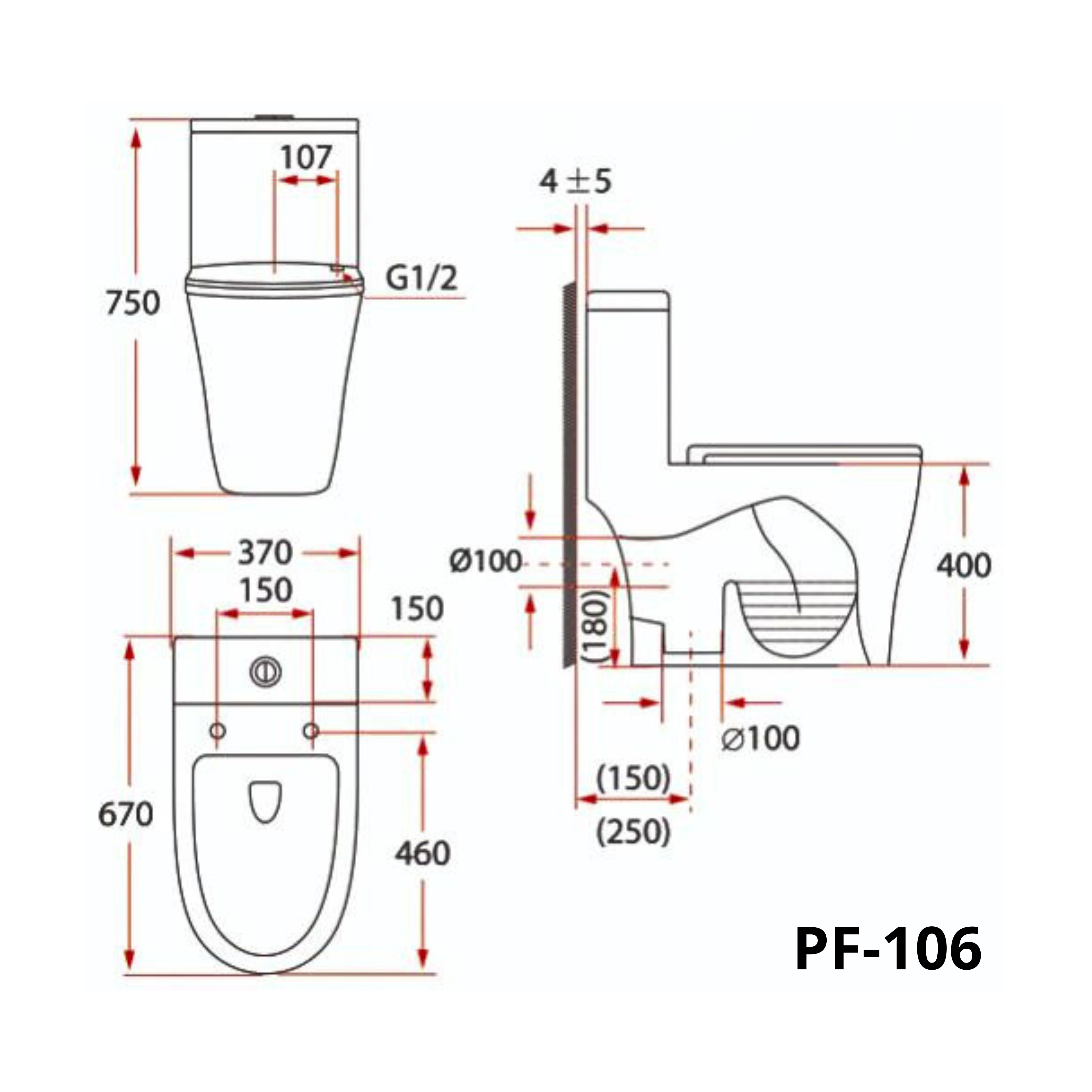 Rimless Funnel Flush One-Piece Closet Toilet Bowl (x2 Pcs Set)