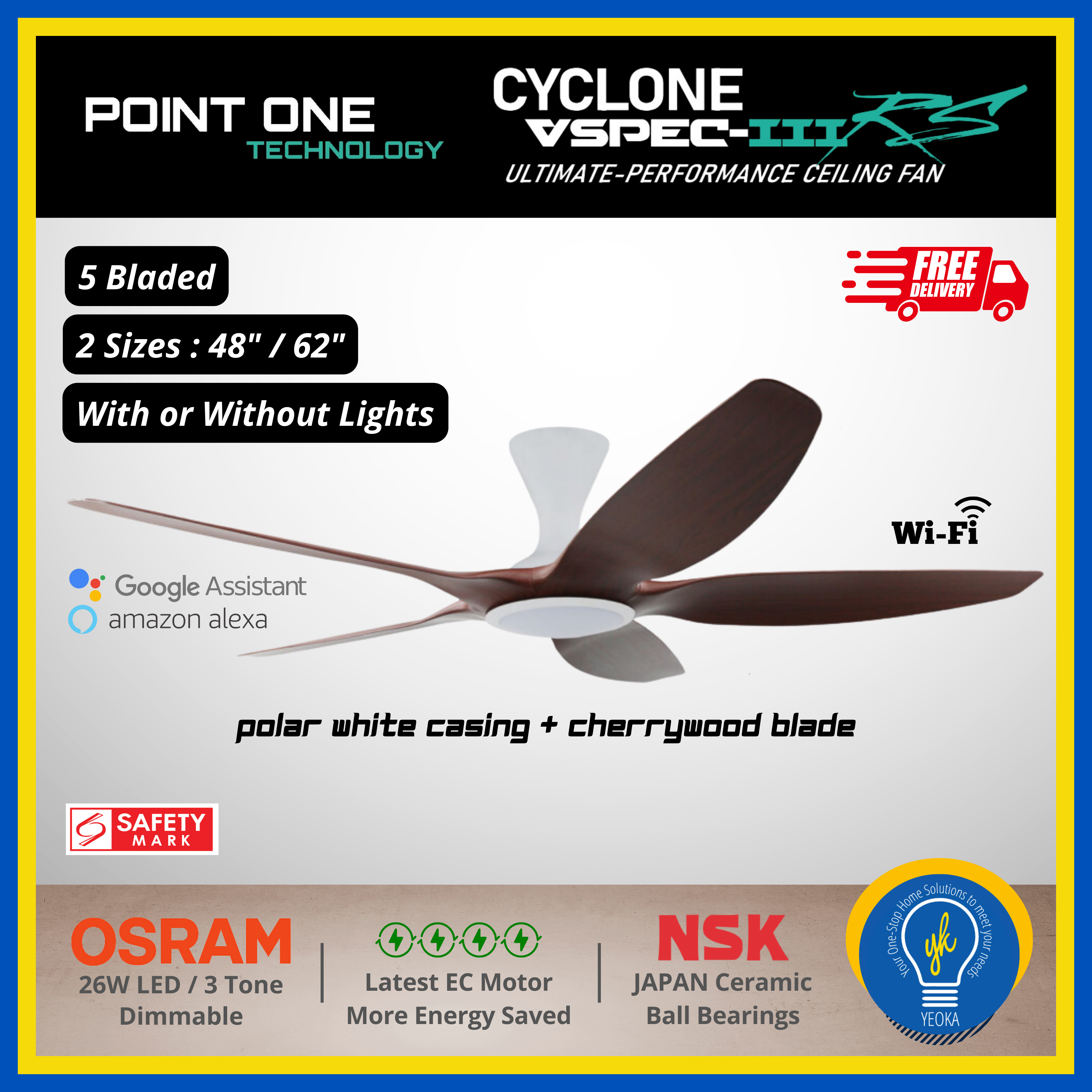Point One Technology Cyclone VSPEC-lll RS 5 Blades (48"/62") SMART Ceiling Fan