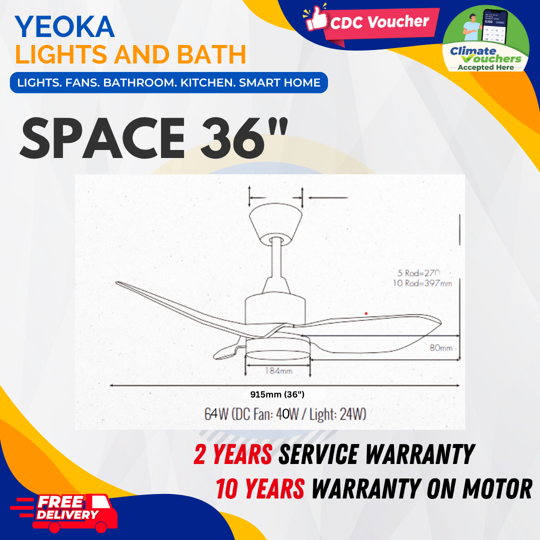 D'FAN Ceiling Fan SPACE 36/46 DC Motor (36'/46") with Dimmable 3 Tone LED Light Kit
