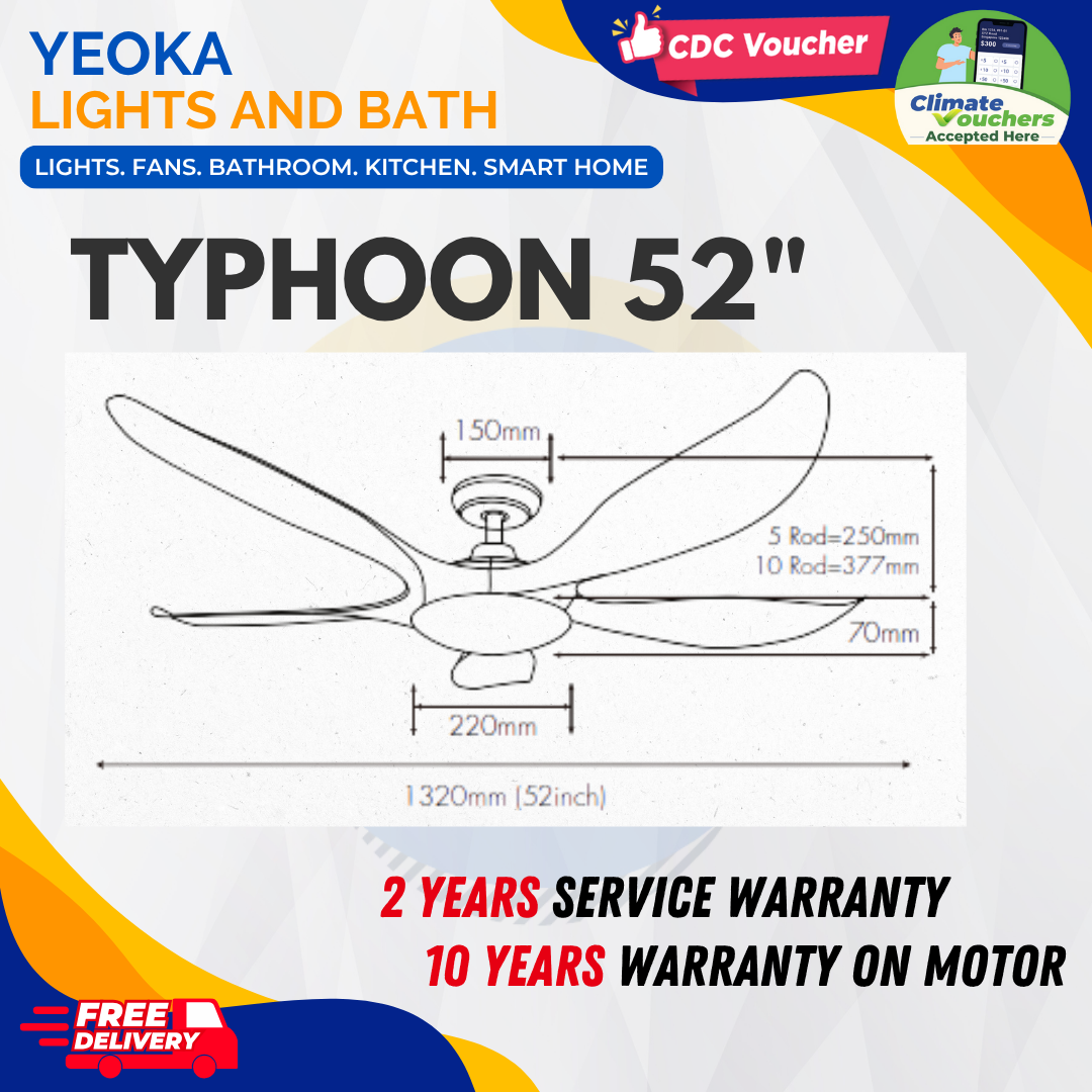 D'FAN Ceiling Fan TYPHOON 52 DC Motor (52') with Dimmable 3 Tone LED Light Kit