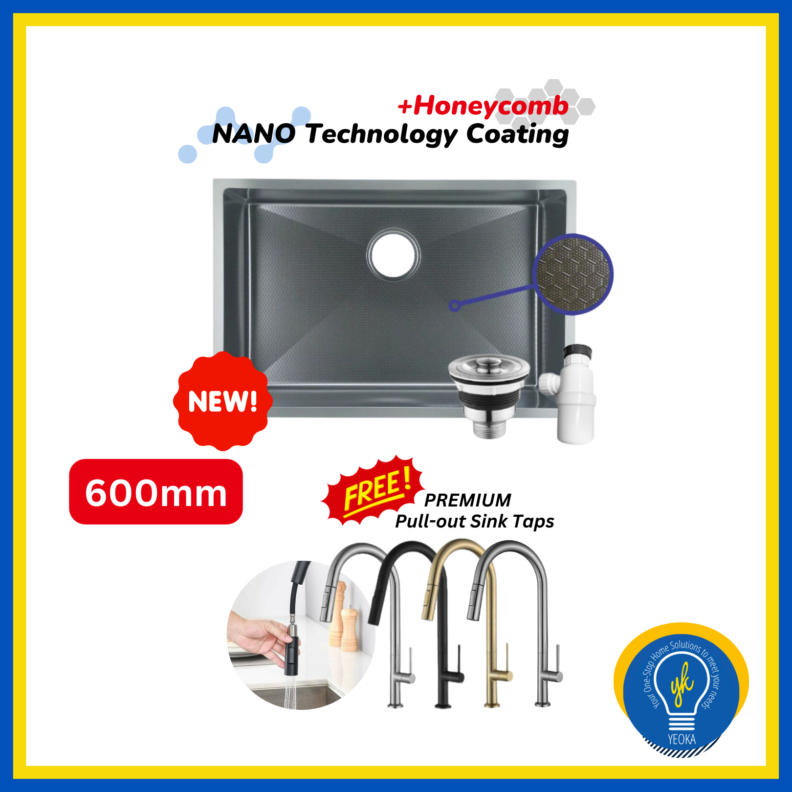 SUS304 NANO Technology Coating + Honeycomb Kitchen Sink (600mm/680mm) FOC Pull-out Sink Tap