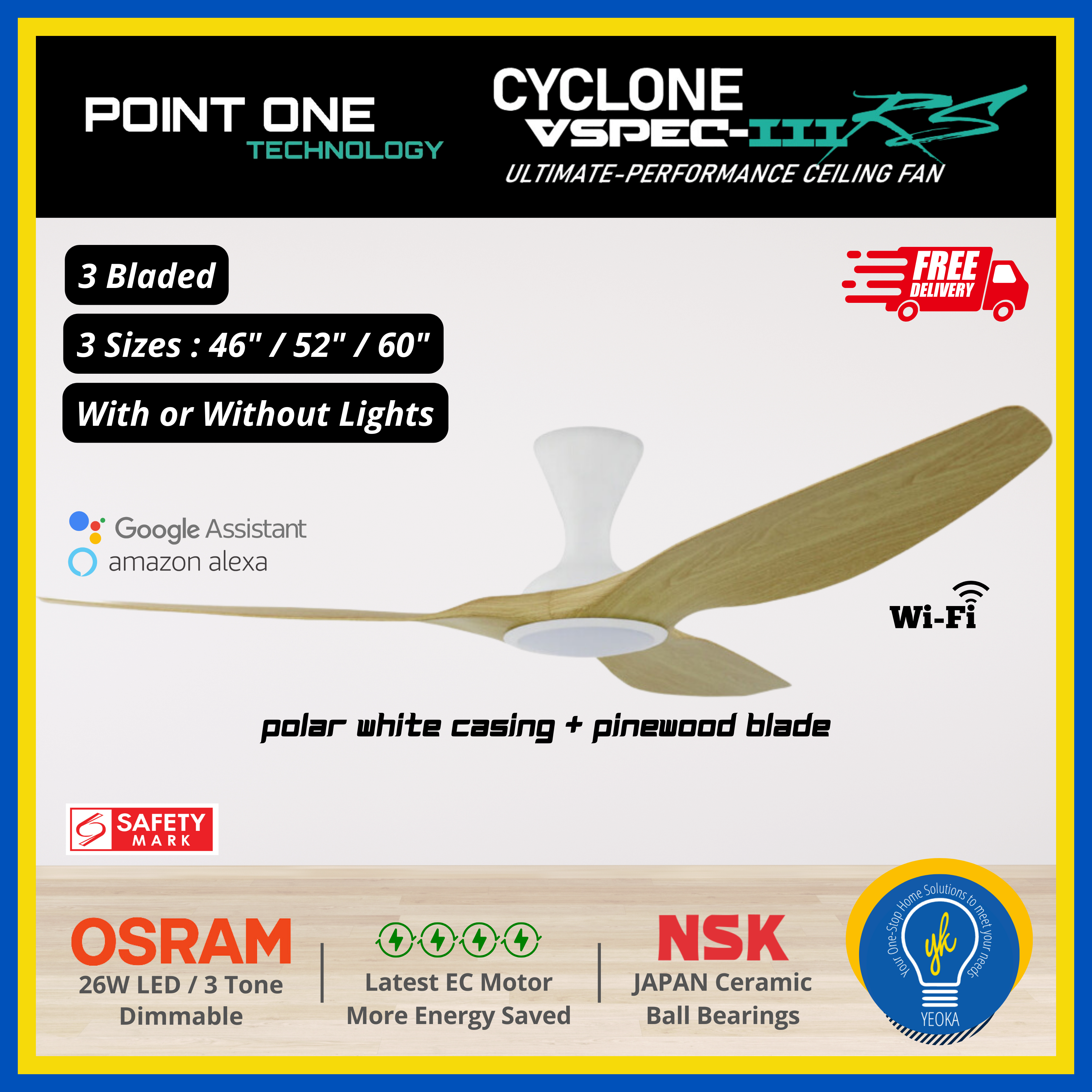 Point One Technology Cyclone VSPEC-lll RS 3 Blades (46"/52"/60") SMART Ceiling Fan