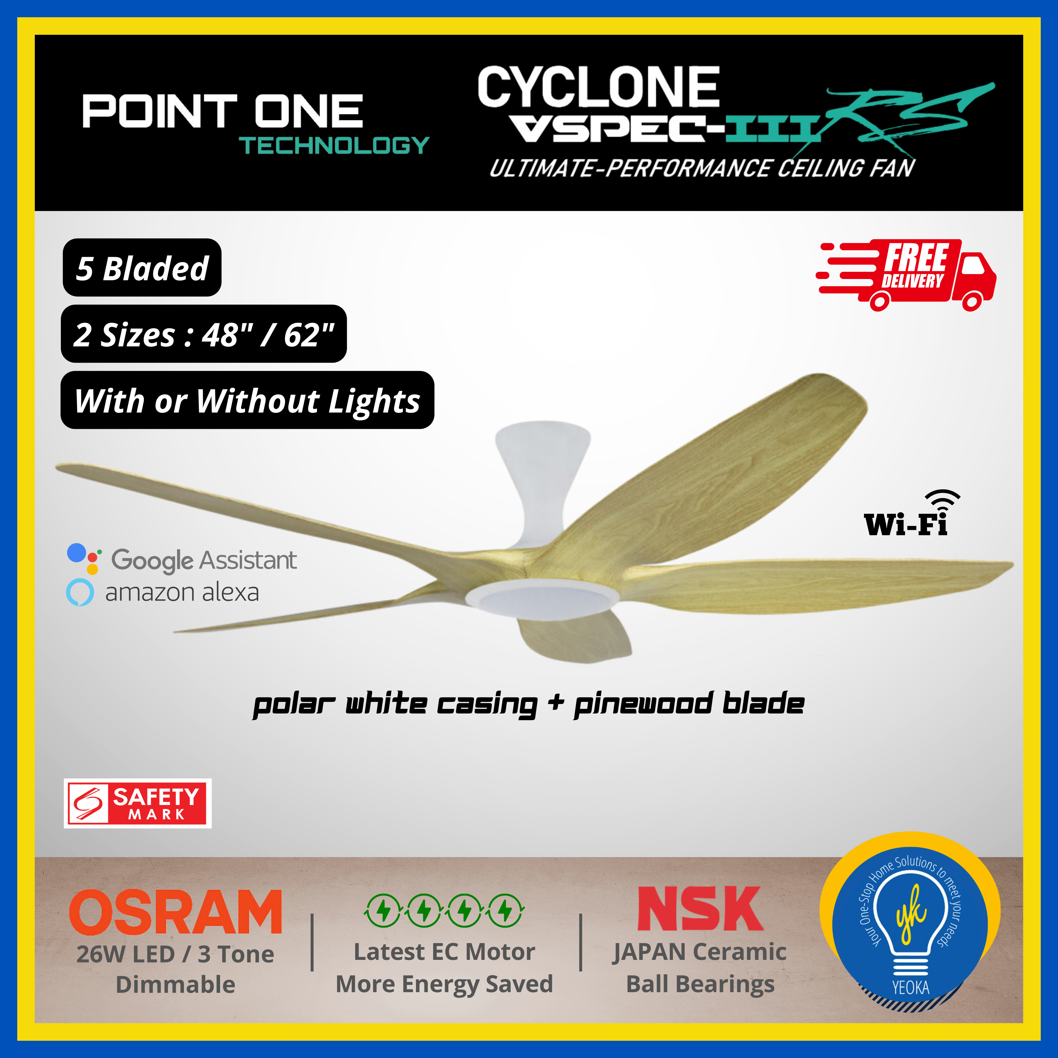 Point One Technology Cyclone VSPEC-lll RS 5 Blades (48"/62") SMART Ceiling Fan