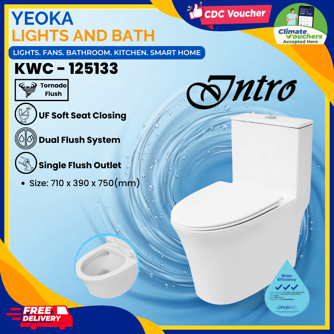 INTRO KWC Series Toilet Bowl, Tornado Flushing, Dual Flush System, UF Soft Closing, P-Trap S-Trap Compatible, Single/Double Flush Outlet