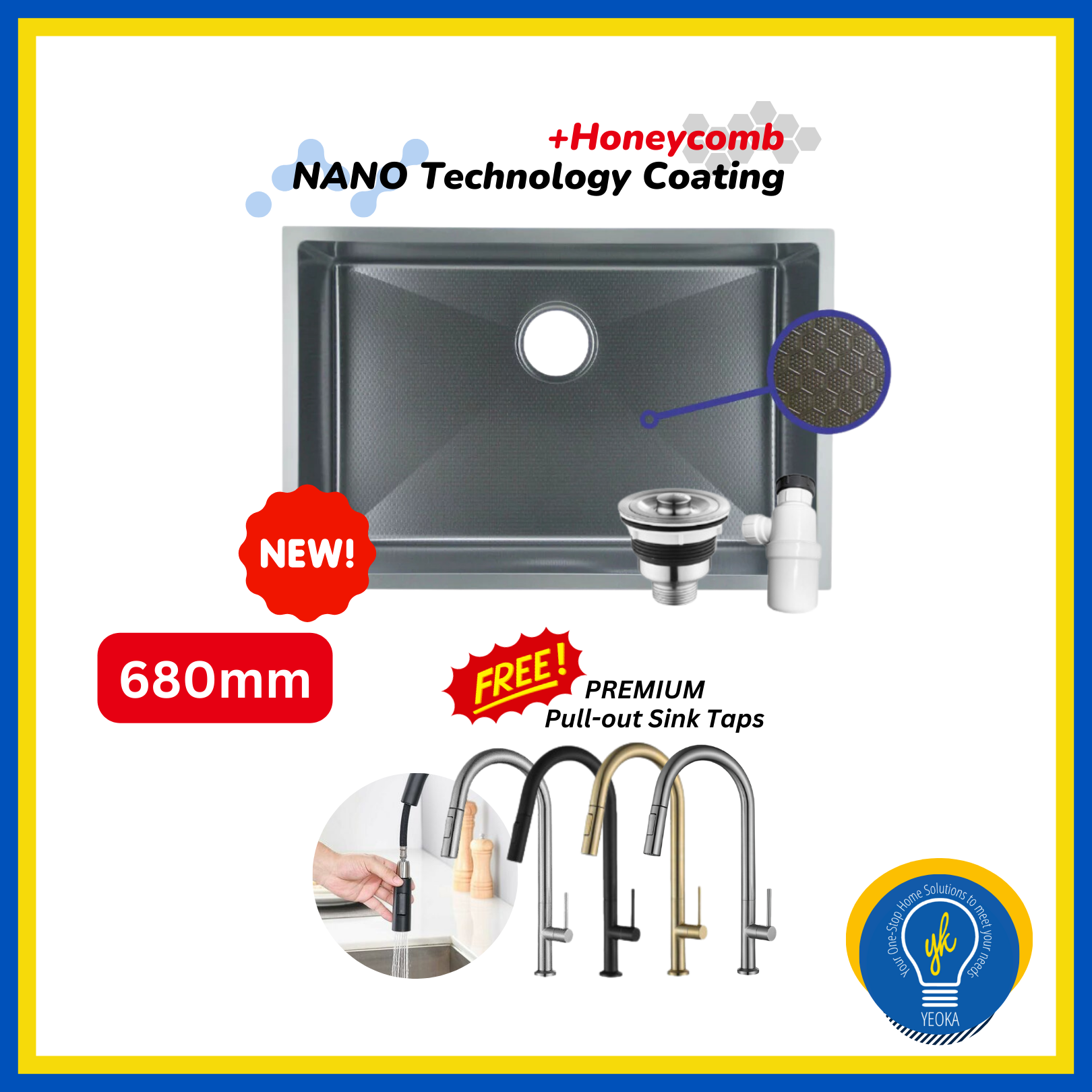 SUS304 NANO Technology Coating + Honeycomb Kitchen Sink (600mm/680mm) FOC Pull-out Sink Tap