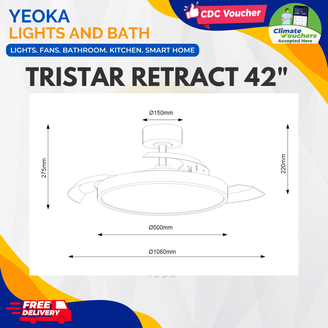 FANCO Tristar Retract Retractable Ceiling Fan with Bright 40W LED Tri-Colour Dimmable Light