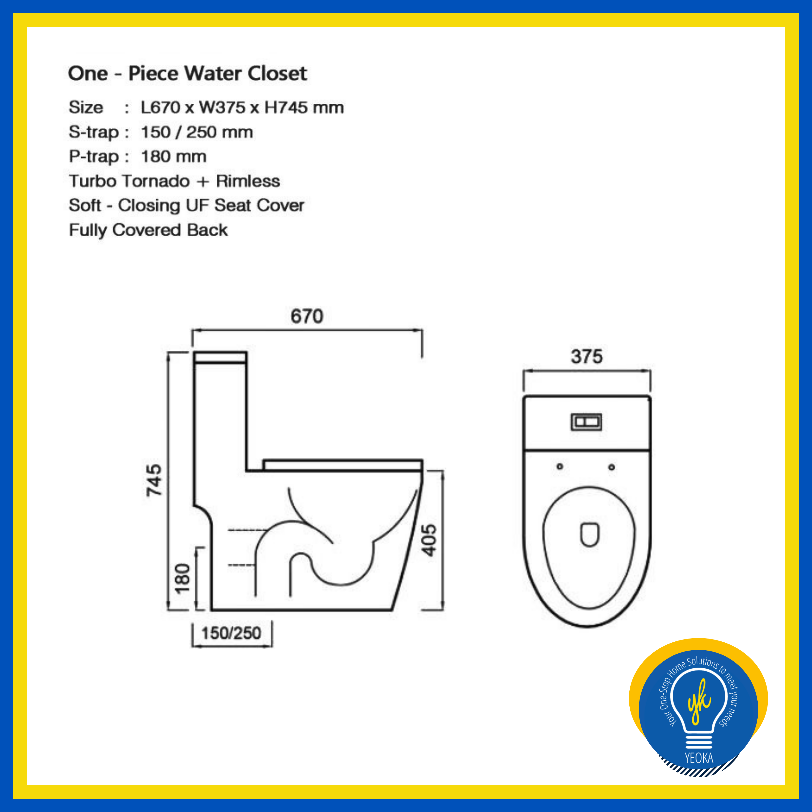 One-Piece Rimless (V-Shape) + Turbo Tornado Toilet Bowl