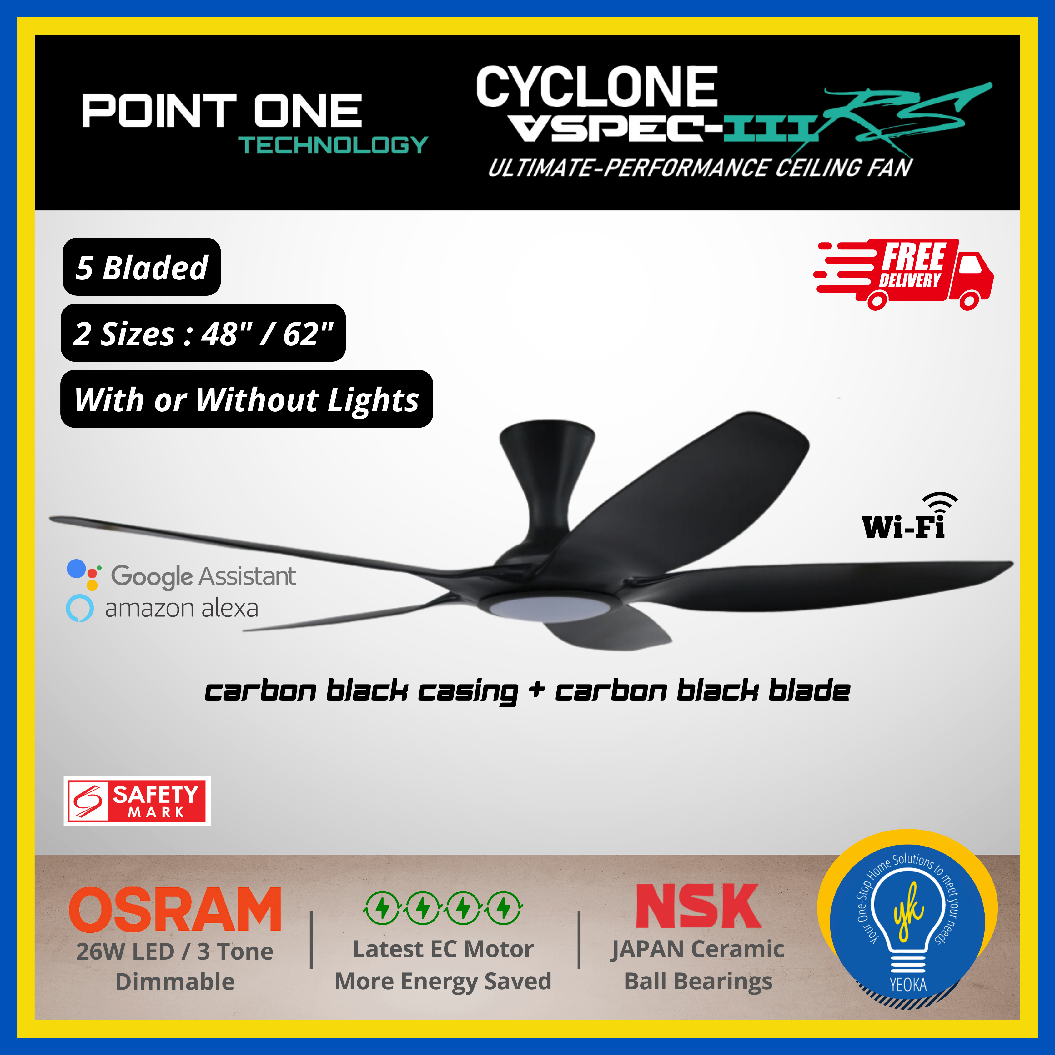 Point One Technology Cyclone VSPEC-lll RS 5 Blades (48"/62") SMART Ceiling Fan
