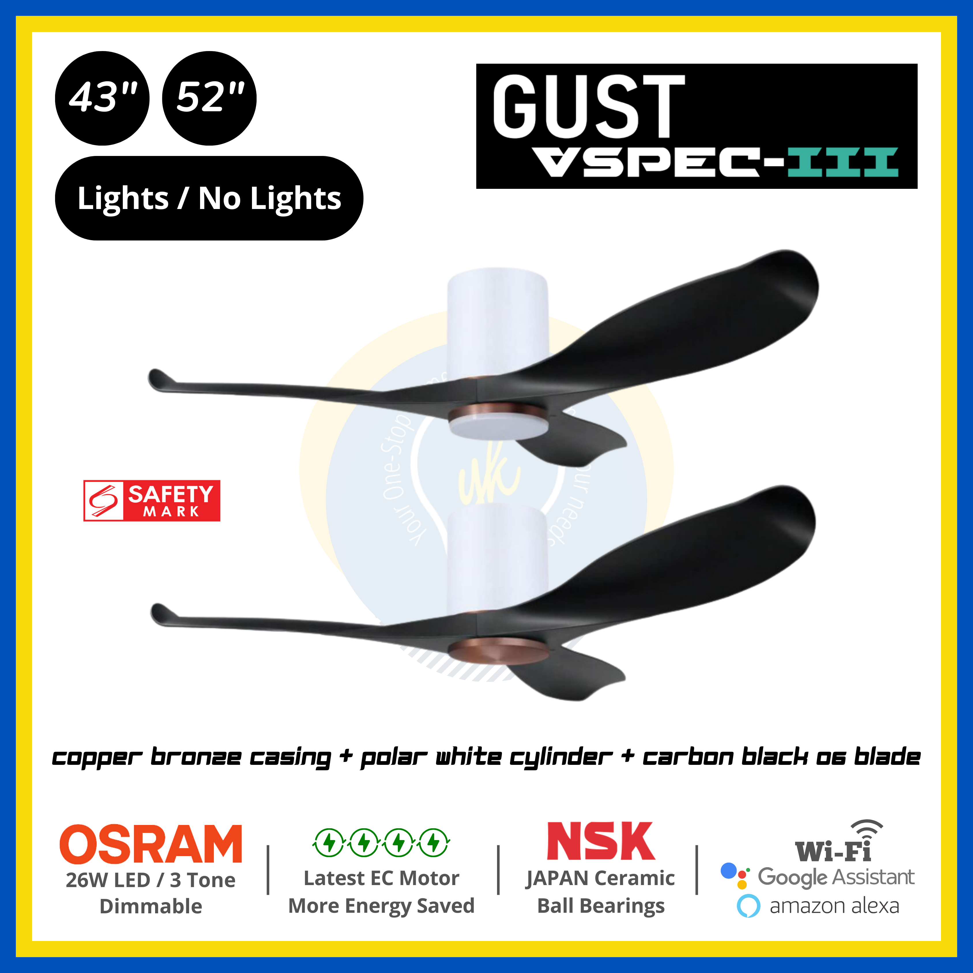 PO Eco Gust VSPEC-III 3 Blades (43"/52") Air Foil 06 Blade Ceiling Fan