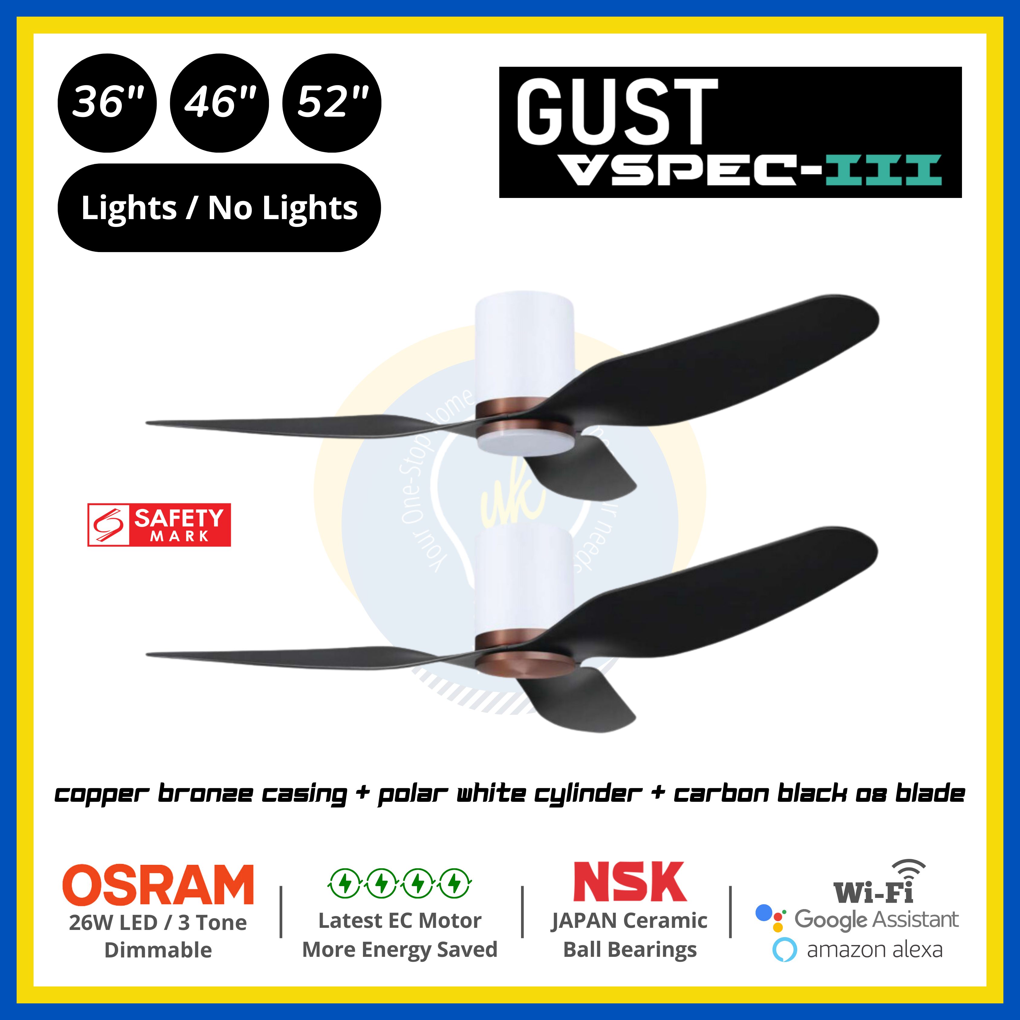 PO Eco Gust VSPEC-III 3 Blades (36"/46"/52") Air Foil 08 Blade Ceiling Fan