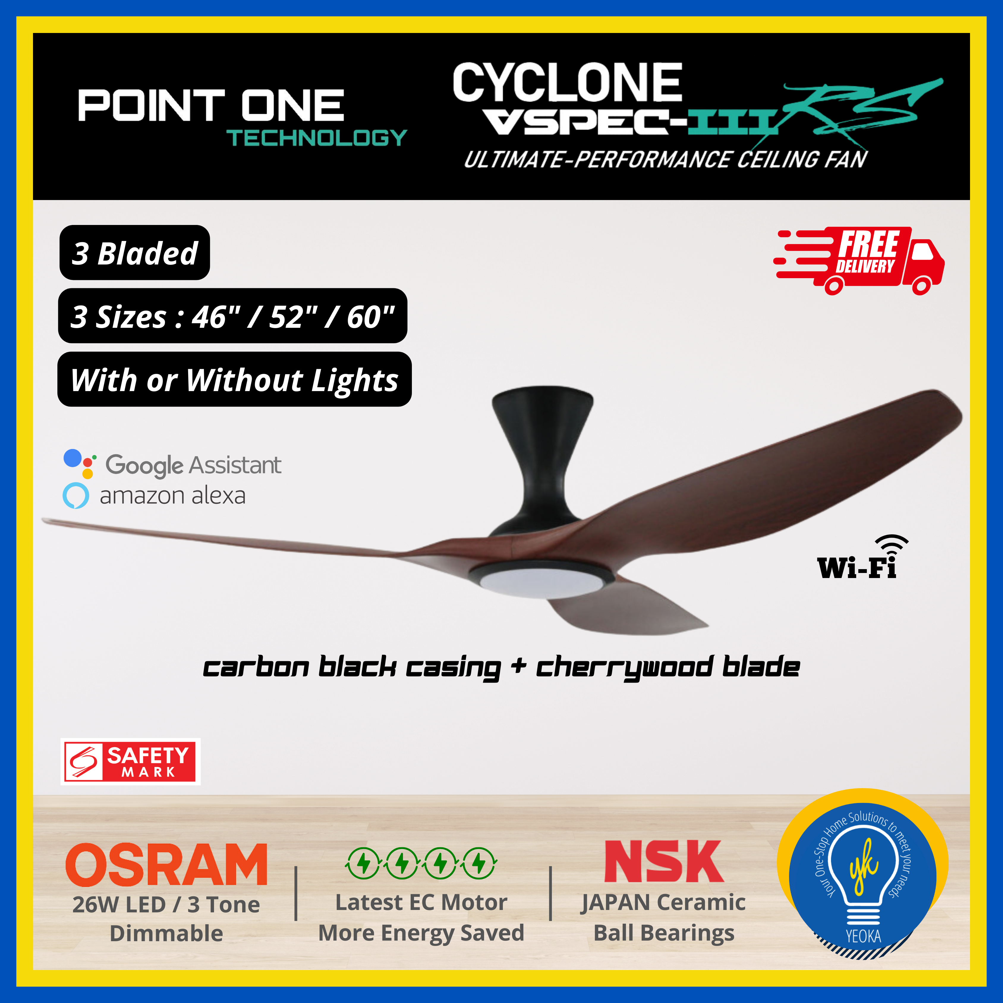 Point One Technology Cyclone VSPEC-lll RS 3 Blades (46"/52"/60") SMART Ceiling Fan