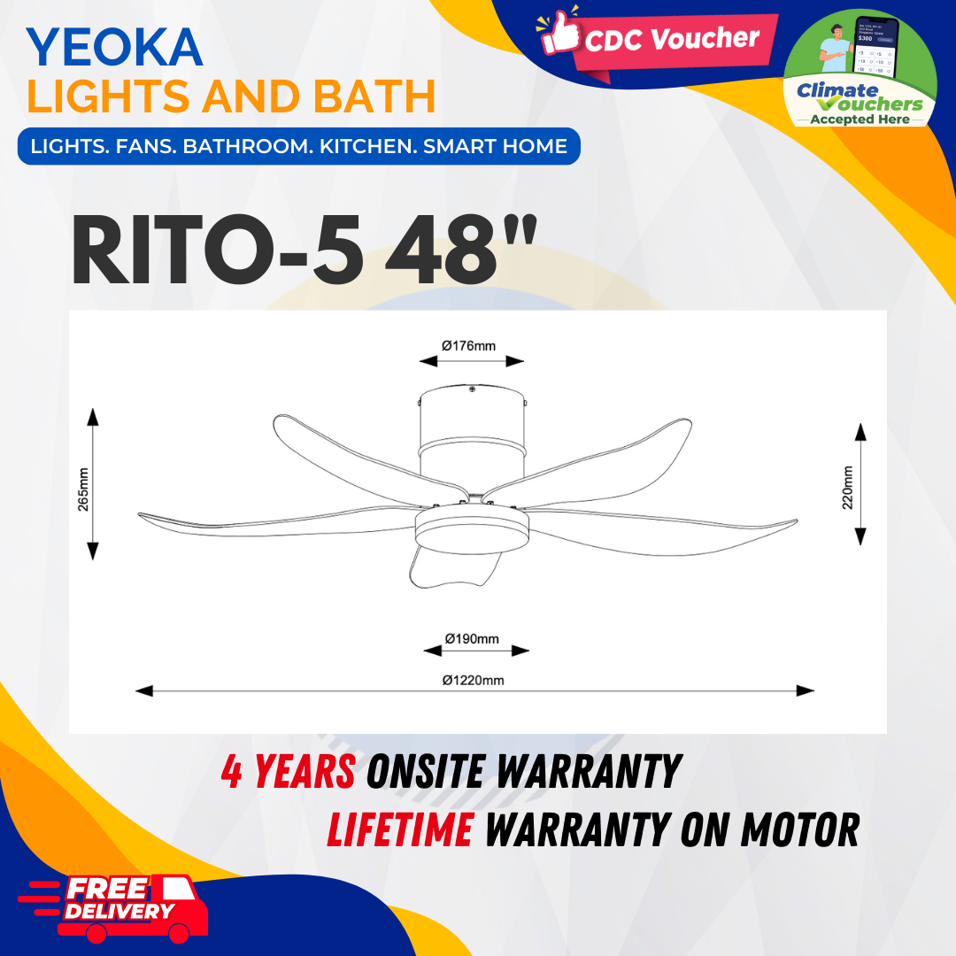 FANCO Ceiling Fan RITO 5 DC Motor (48"/54') with 3 Tone LED Light Kit + SMART WIFI Control (Optional)