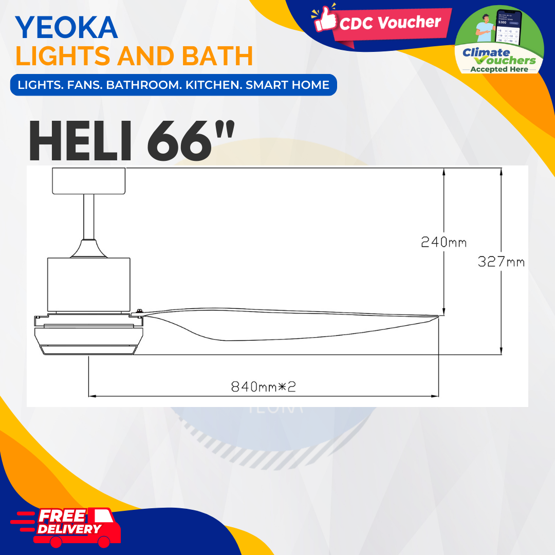 FANCO Ceiling Fan HELI DC Motor (56"/66') with 3 Tone LED Light Kit