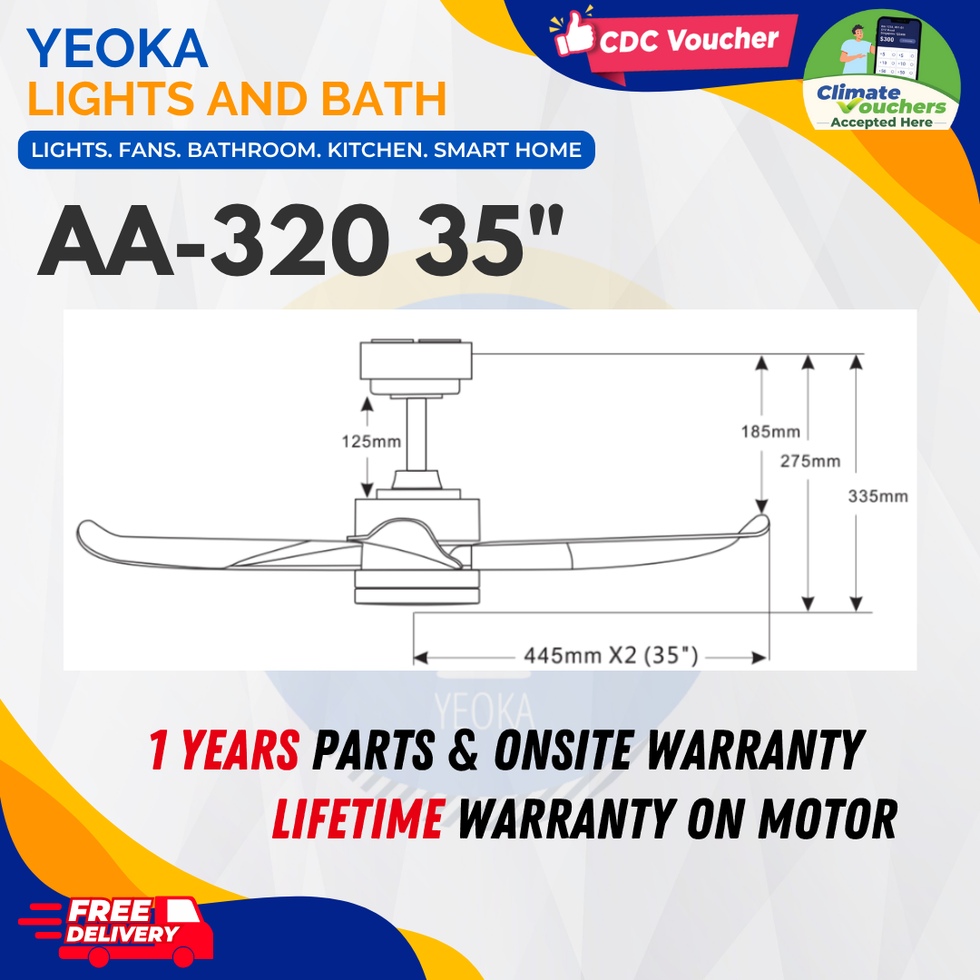 AEROAIR Ceiling Fan AA-320 DC Motor | (35"/46"/52') with 3 Tone LED Light Kit + Remote Control