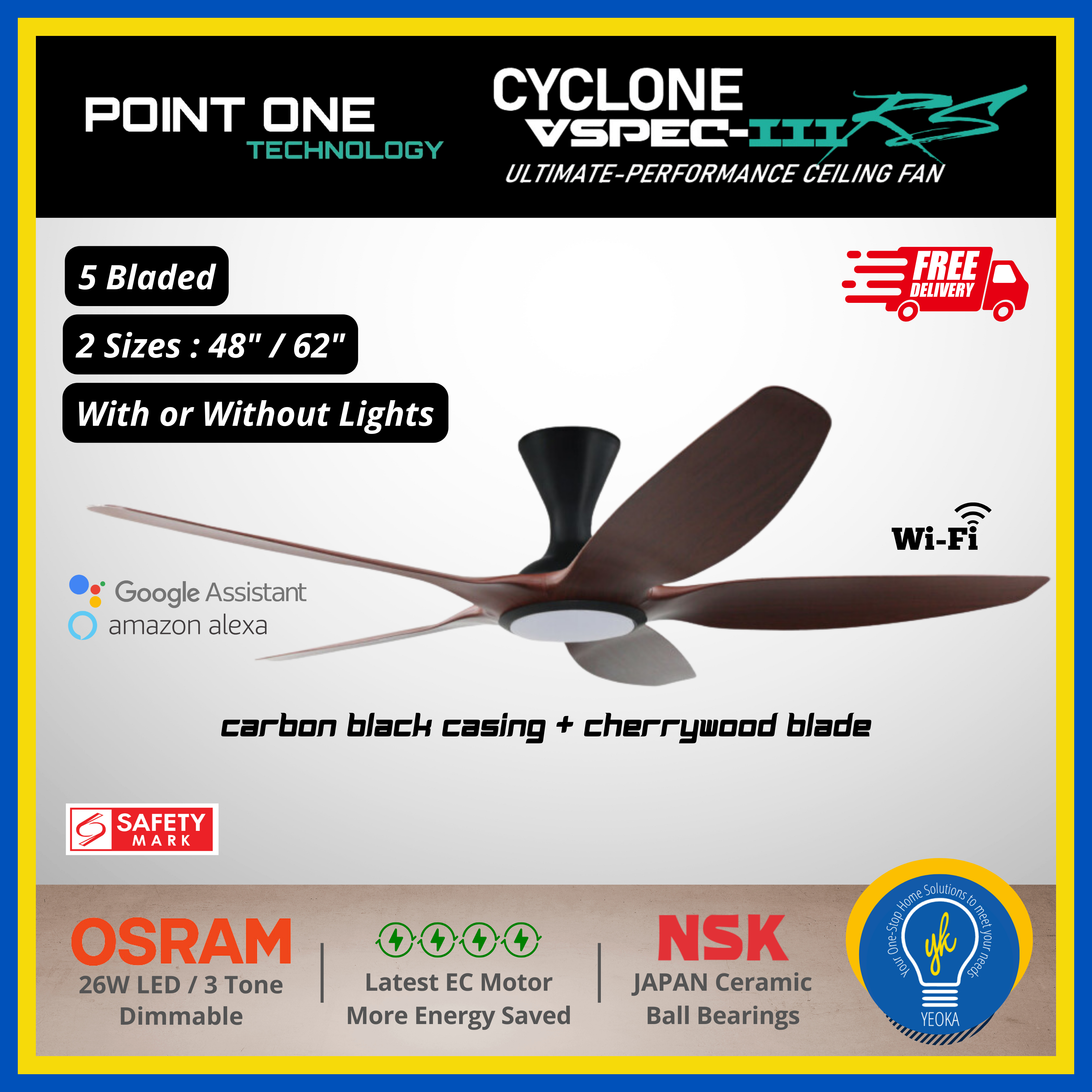 Point One Technology Cyclone VSPEC-lll RS 5 Blades (48"/62") SMART Ceiling Fan