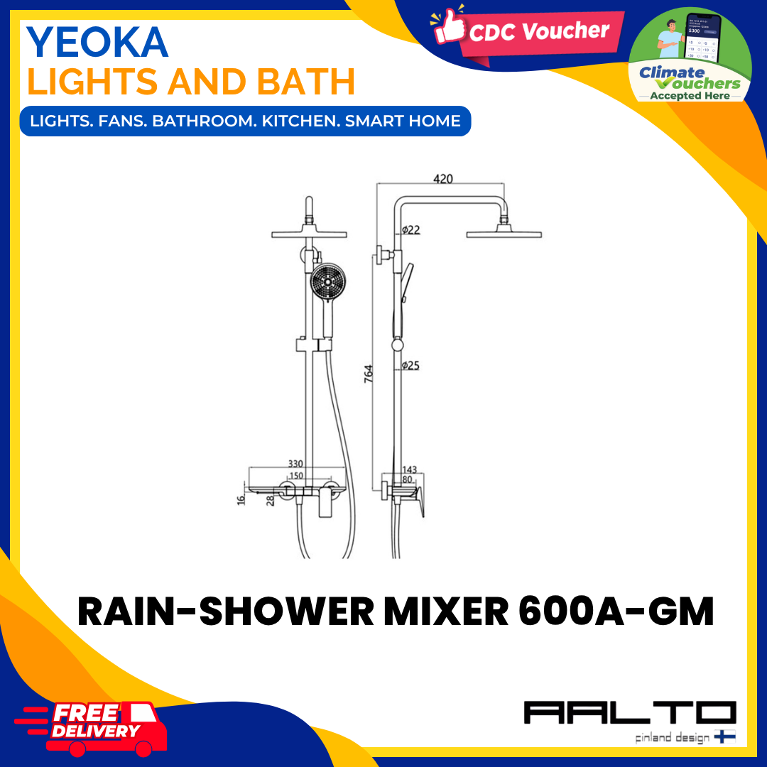 AALTO 600A Modern Rainshower Mixer Set, Piano Tiles Control