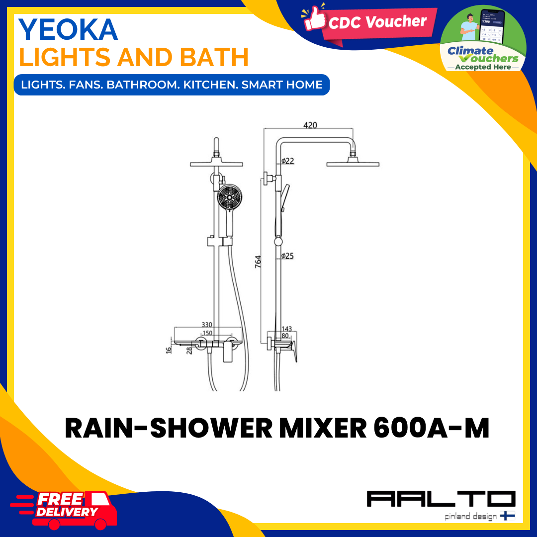 AALTO 600A Modern Rainshower Mixer Set, Piano Tiles Control