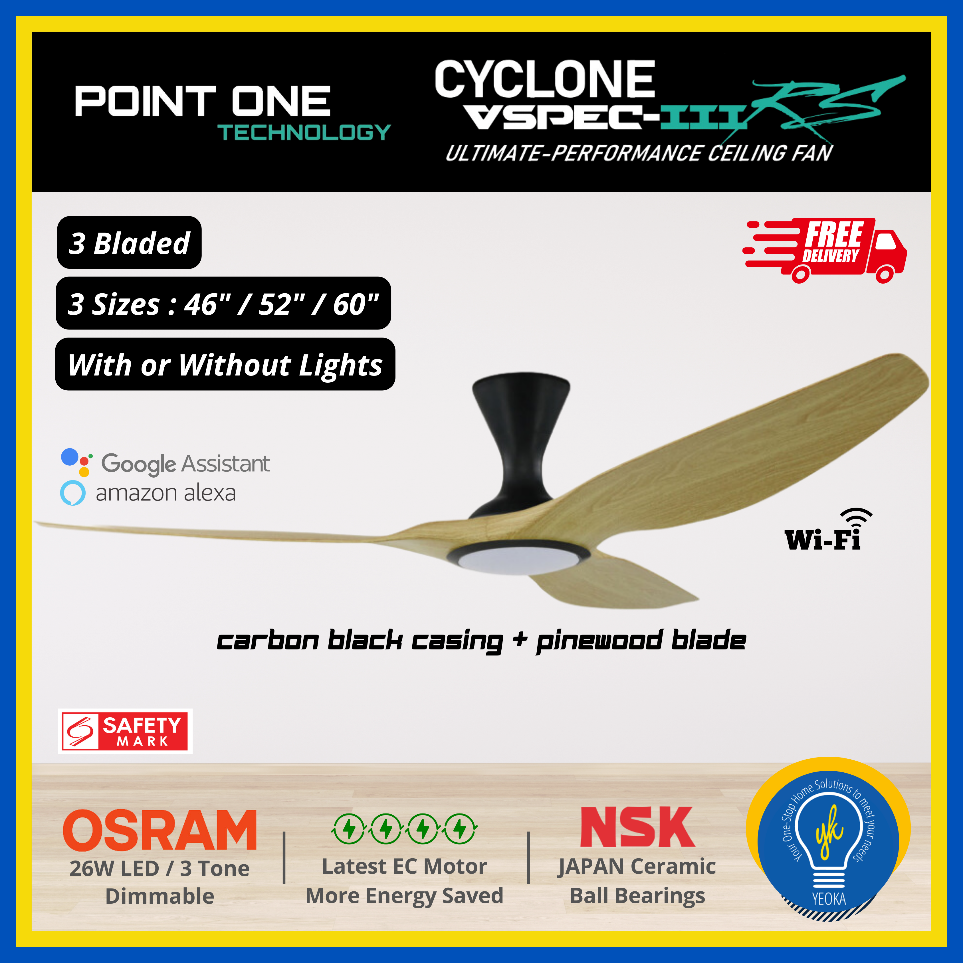Point One Technology Cyclone VSPEC-lll RS 3 Blades (46"/52"/60") SMART Ceiling Fan