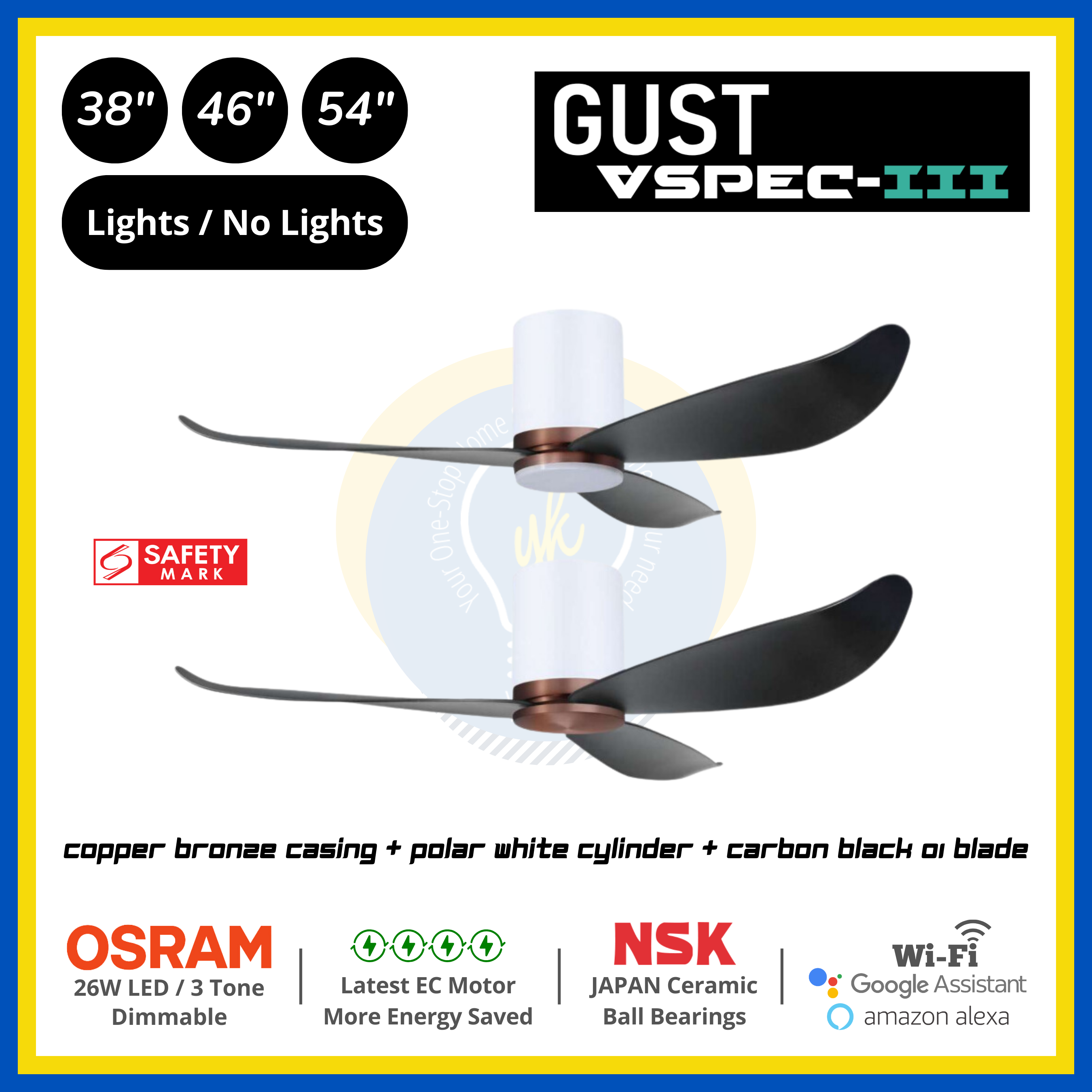 PO Eco Gust VSPEC-III 3 Blades (38"/46"/54") Air Foil 01 Blade Ceiling Fan