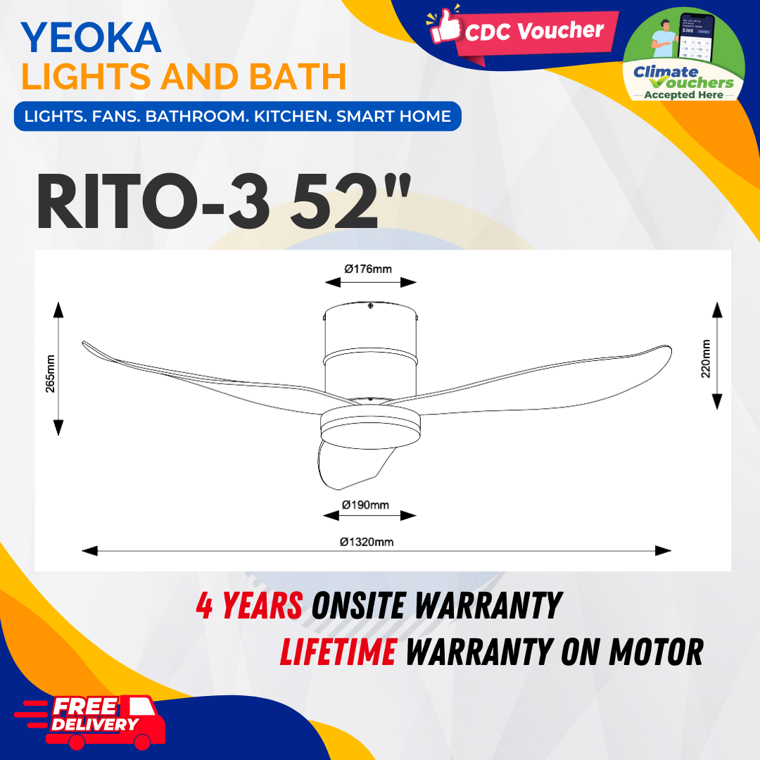 FANCO Ceiling Fan RITO 3 DC Motor (46"/52') with 3 Tone LED Light Kit + SMART WIFI Control (Optional)