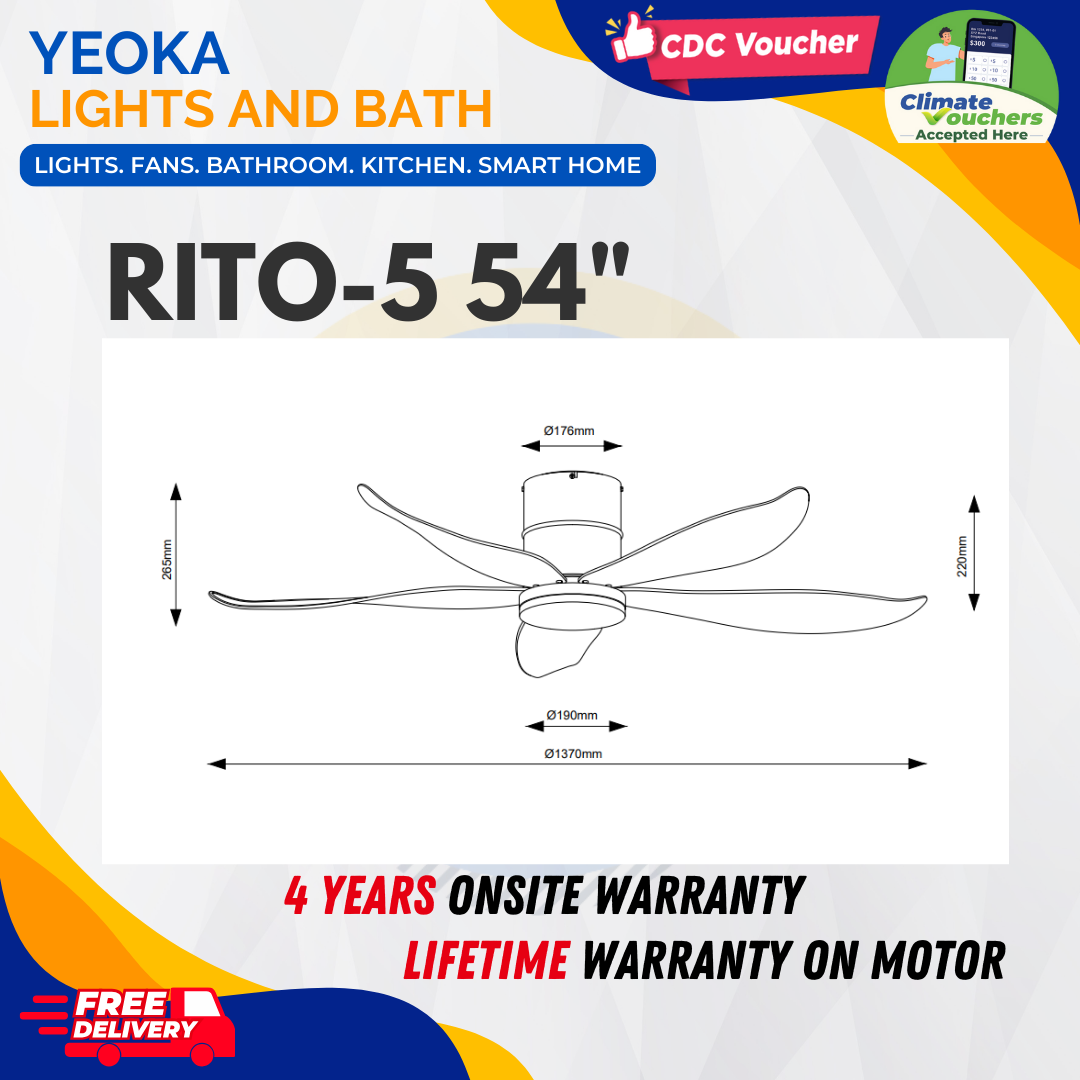 FANCO Ceiling Fan RITO 5 DC Motor (48"/54') with 3 Tone LED Light Kit + SMART WIFI Control (Optional)